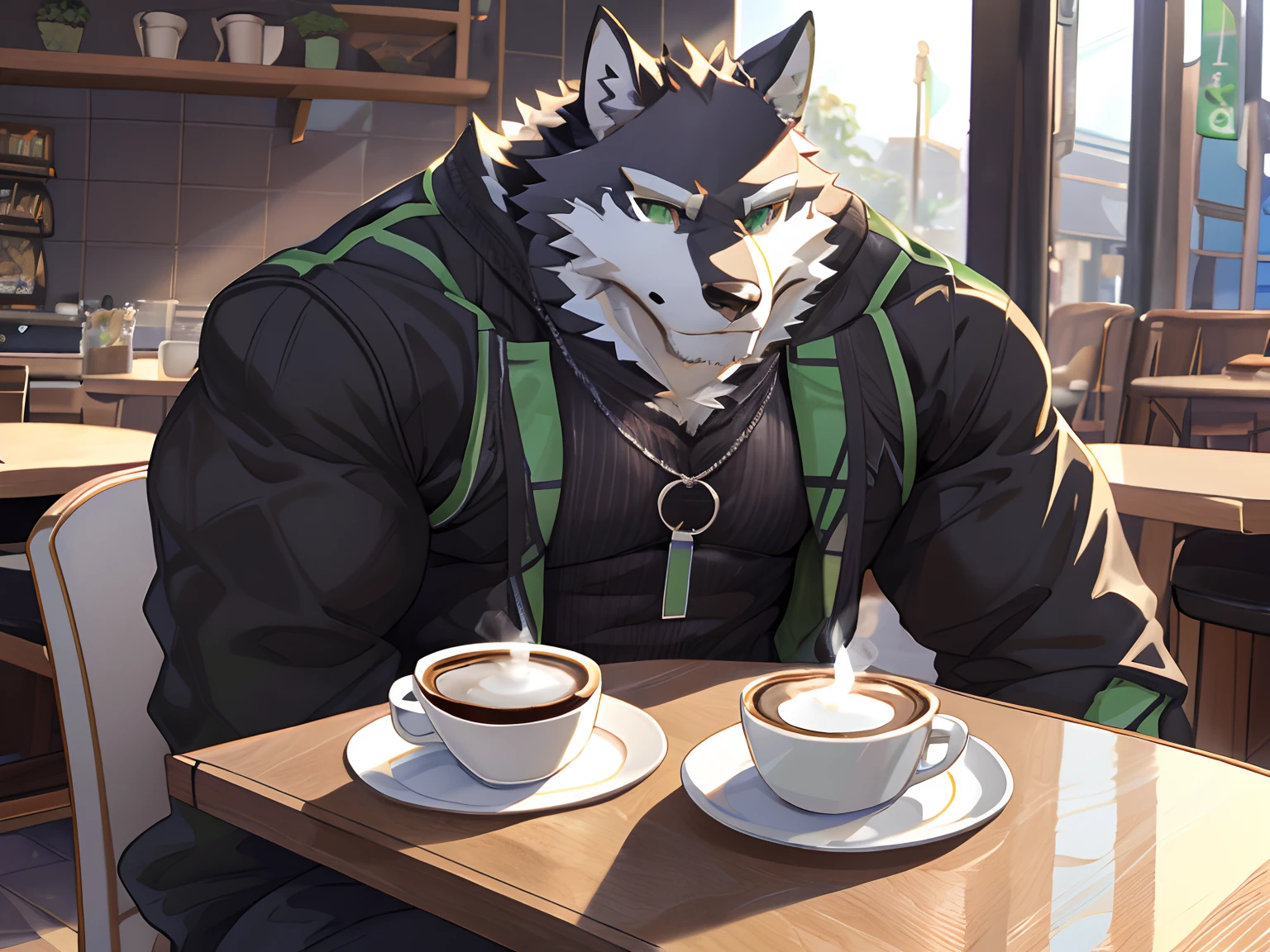 Monomasa, Solo, Furry Wolf, Black Furs, Two Toned Colors, Green Detailed Eyes, Muscular body, handsome, good looking, Casual Set, cool pose, Coffee, Breakfast Morning Cafe Background.