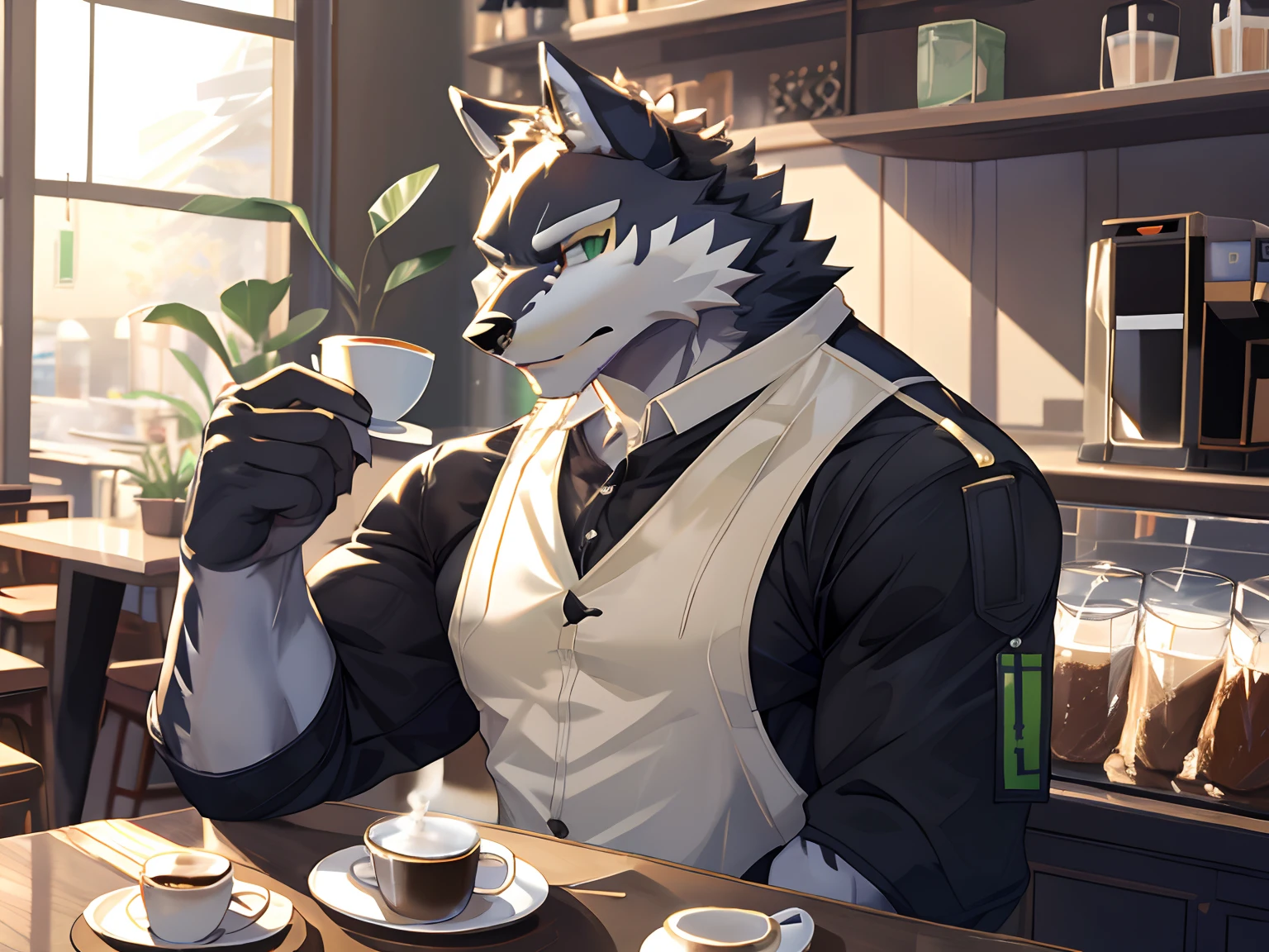 Monomasa, Solo, Furry Wolf, Black Furs, Two Toned Colors, Green Detailed Eyes, Muscular body, handsome, good looking, Waiter Set, cool pose, Coffee, Breakfast Morning Cafe Background.