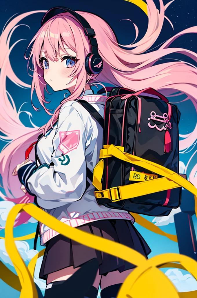 An anime character of a girl wearing headphones and a backpack, anime moe art style, anime visual of a cute girl, Cute anime girl, Cute anime style, pretty anime character design, lovely art style, Kantai collection style, (Anime girl), up of young anime girl, Style anime, High Quality Anime Art Style, Anime character design, Anime style illustration, beautiful anime art style