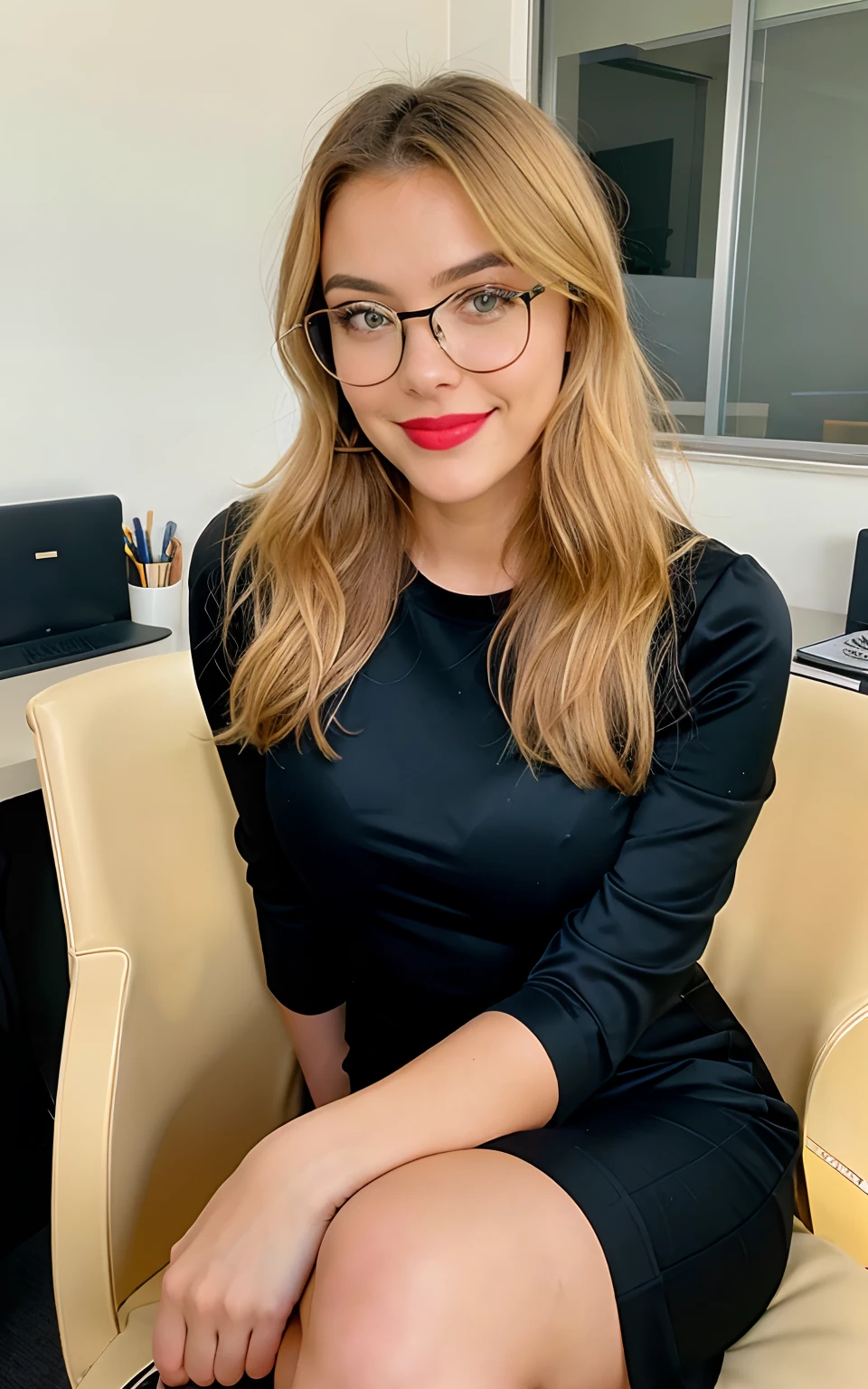 Kodak disposable camera photo of a beautiful young female, 24 years old, smiling suggestively, sitting in an office in a sexy position, brunette hair, green yes, big  eyes, black thick glasses frame, black dress, red lips, ultra realistic,