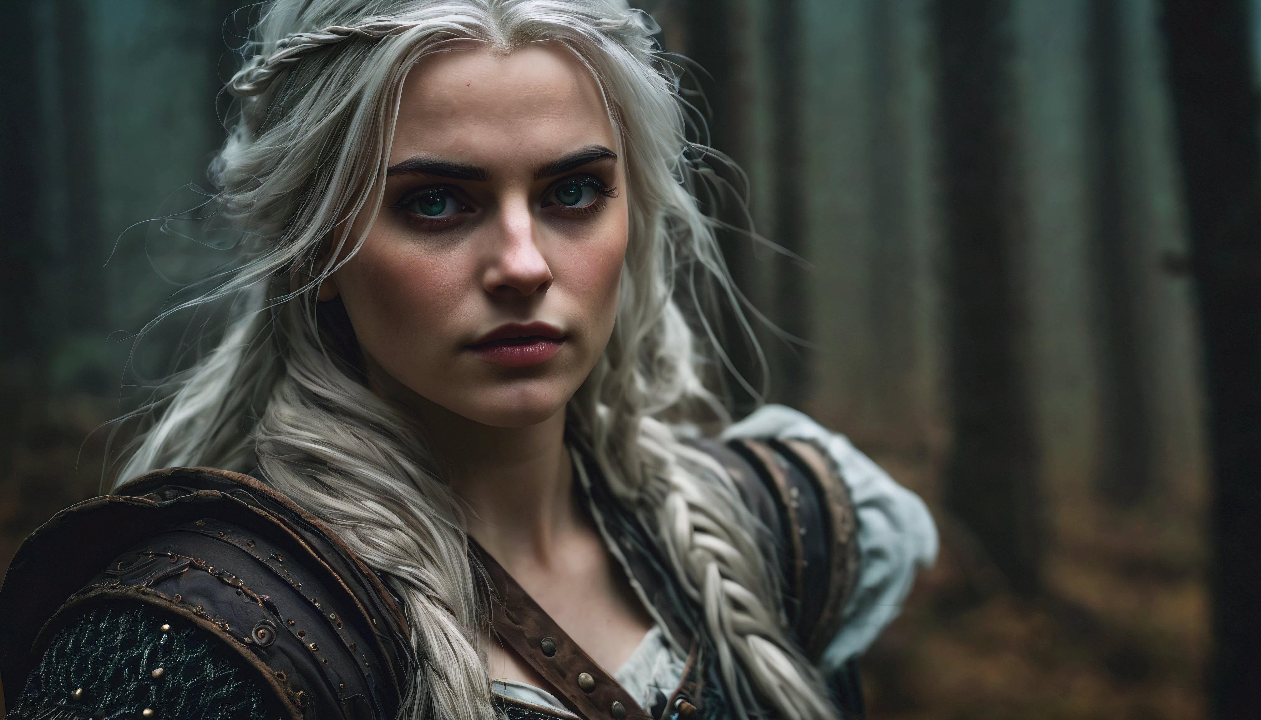 ciri from the witcher,beautiful detailed eyes,beautiful detailed lips,extremely detailed eyes and face,longeyelashes,[fantasy] [landscape],oil painting,ultra-detailed,highres,vivid colors,[magical atmosphere],soft lighting,[mystical],intense expression,[wind-blown hair],authentic costumes,historical accuracy,[dark background],[sword-wielding],powerful stance,harsh environment,[tense atmosphere],[forest],[medieval fantasy],portrait-like shot,sharp focus,[mysterious],ethereal,haunting,bokeh,heavy textures,contrasting colors,shadows and highlights,[dusky tones],dramatic lighting,poise and grace