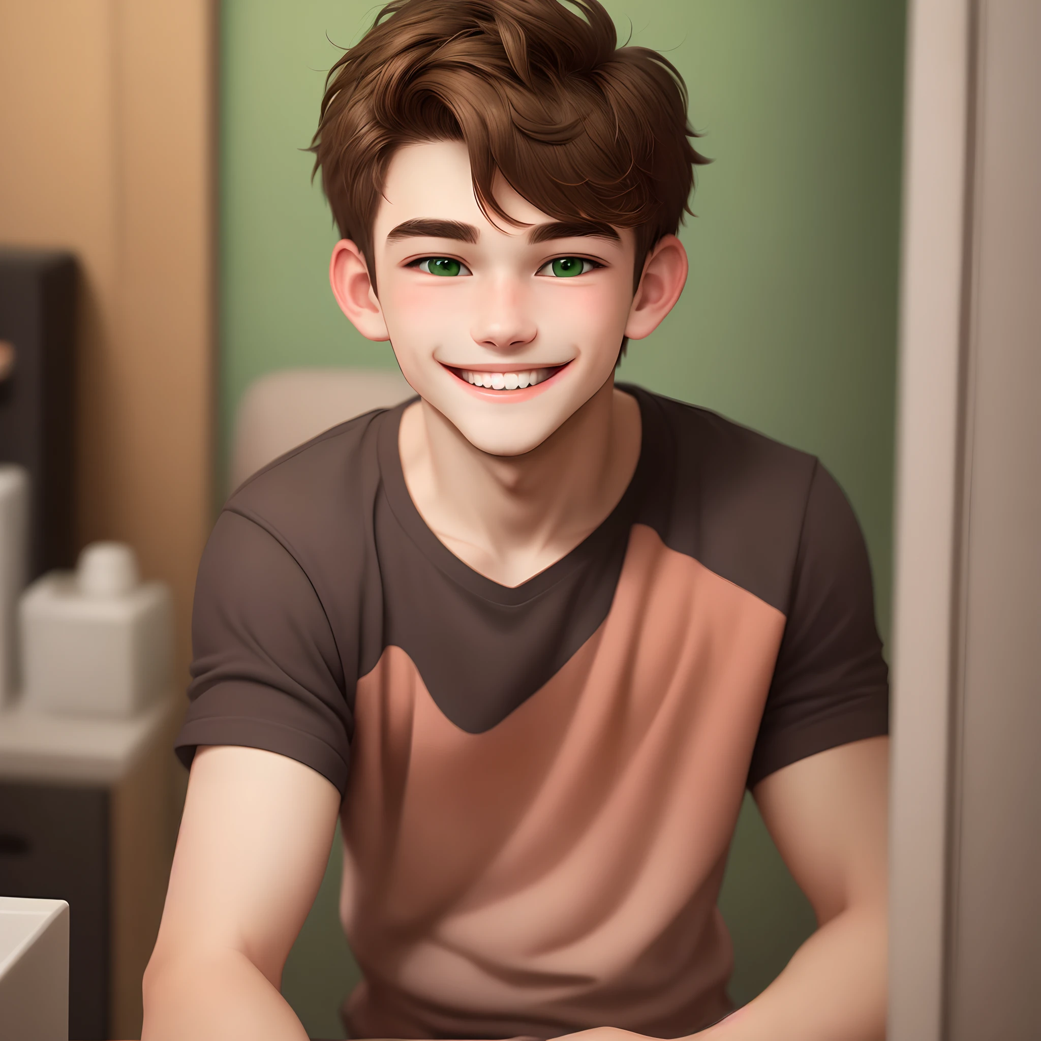 Adorable gay boy, , brown hair, green eyes, short, smiling, narrow jaw