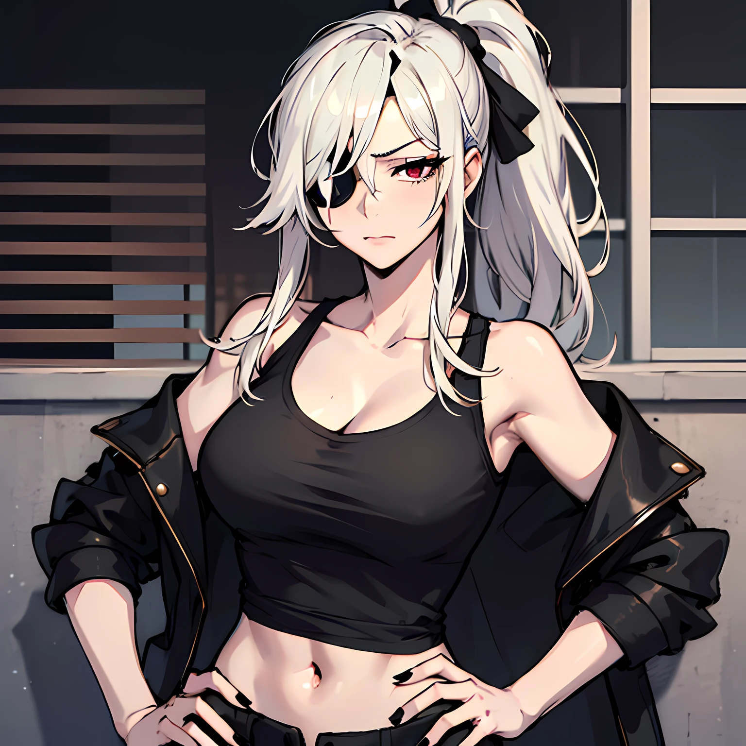(absurdres, 8k, 4k, masterpiece, hyper extreme detailed:1.2), solo, 1girl, front view portrait, best quality, expressive eyes, perfect face, 1girl, portrait, solo, Female, mature female, adult, pale skin, black nails, white skin, black ribbon, red eyes, black eyepatch, annoyed, armor, swept bangs, side bangs, messy hair, long hair, hair covering forehead, perfect anatomy, anatomically correct, looking forward, forward view, expressive eyes, perfect eyes, quanxi, ponytail, eyepatch, Zero, full body, hand on hip, covered breasts, right hand on head, left hand on hip, solo, leaning back, window background, black tank top, pants, black jacket, armor