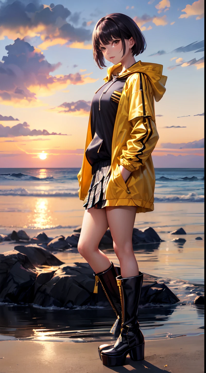 top quality,16K, masterpiece, beautiful high school girl, Light brown beautiful bob hair, Light brown beautiful eyes, looking at viewer, Light brown medium bob hair, plump breast, standing open legs, BREAK (yellow theme:1.4), (oversized and baggy yellow outerwear:1.3), (fusion of yellow windbreaker and yellow hoodie:1.4), (yellow Nylon:1.4), ((zipper, large pocket):1.3), BREAK (black and white plaid-pattern pleated-skirt:1.2), (black platform HIGH boots:1.2), sunset seashore, orange sky, beautiful clouds,