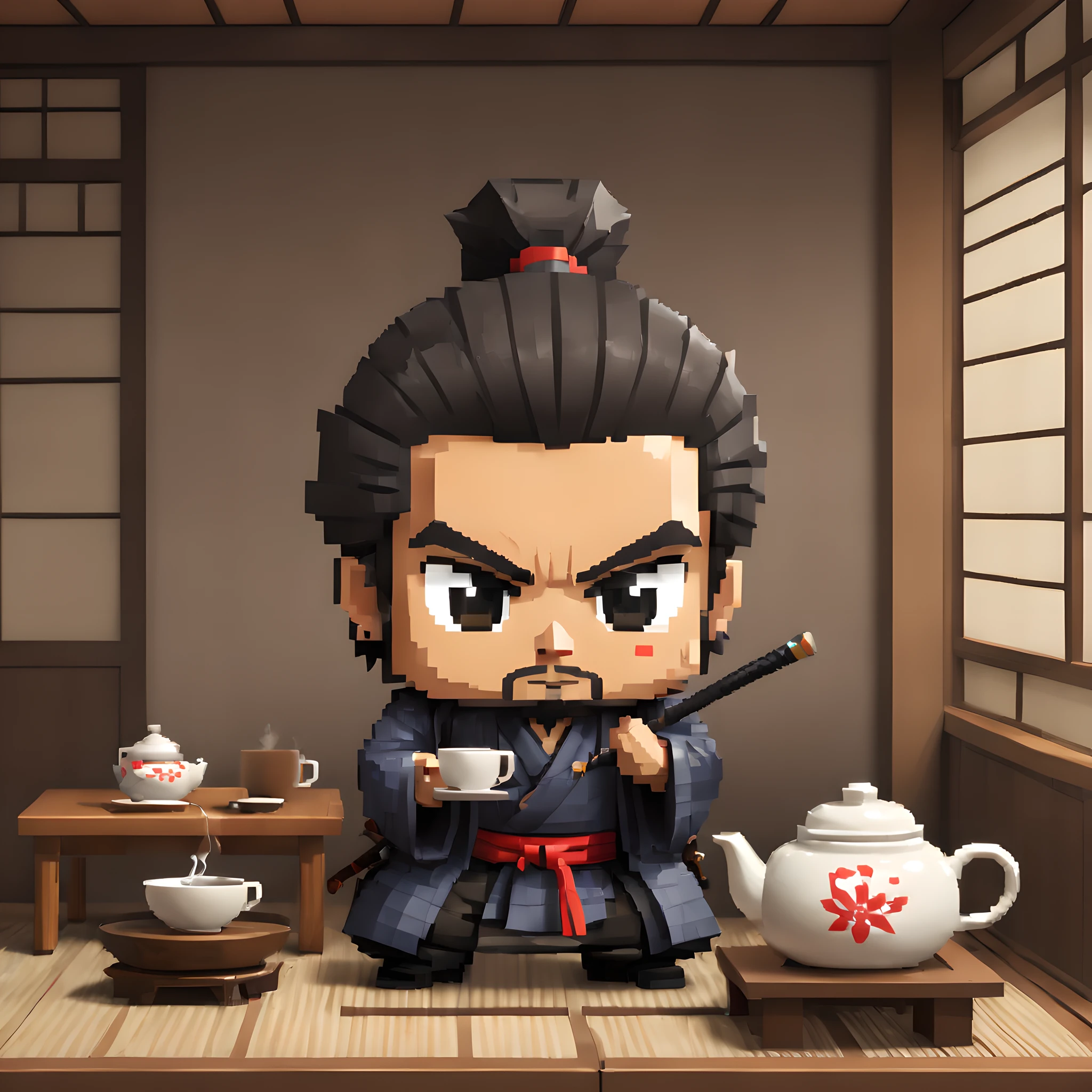 (Pixel art:1.5), (pixel theme:1.5), (chibi emote:1.5), (chibi character:1.5),(fantasy:1.5), (1japanse samurai:1.5), (Toshiro Mifune:1.5), (tea:1.5), (tea ceremony:1.5), (tearoom:1.5),