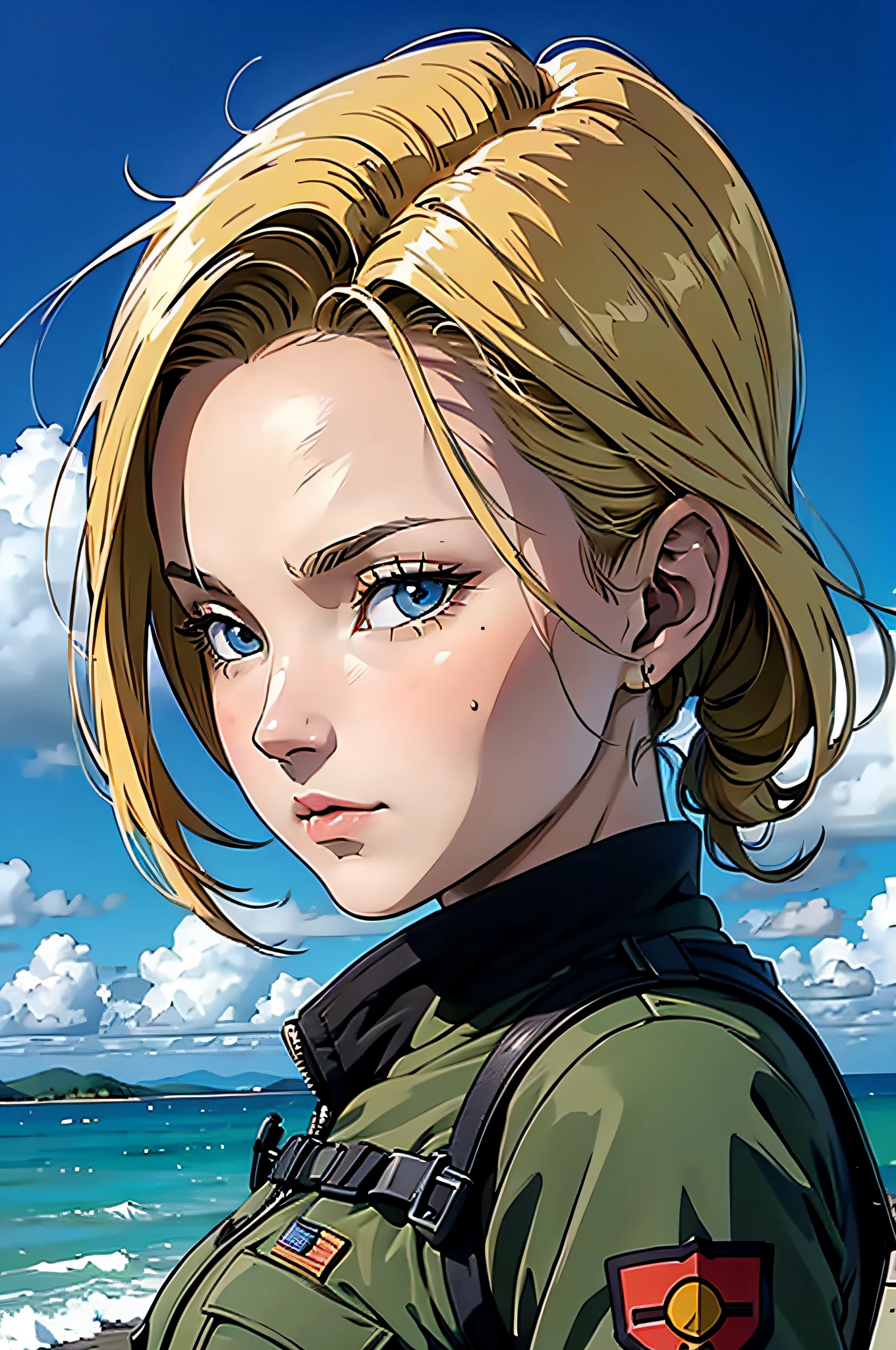 American Soldier Female Soldier、Solo 30 Year Old Female、Artificial Man No. 18(dragon balls)Similar to、smudged face、Sea of Fire Battlefield Background