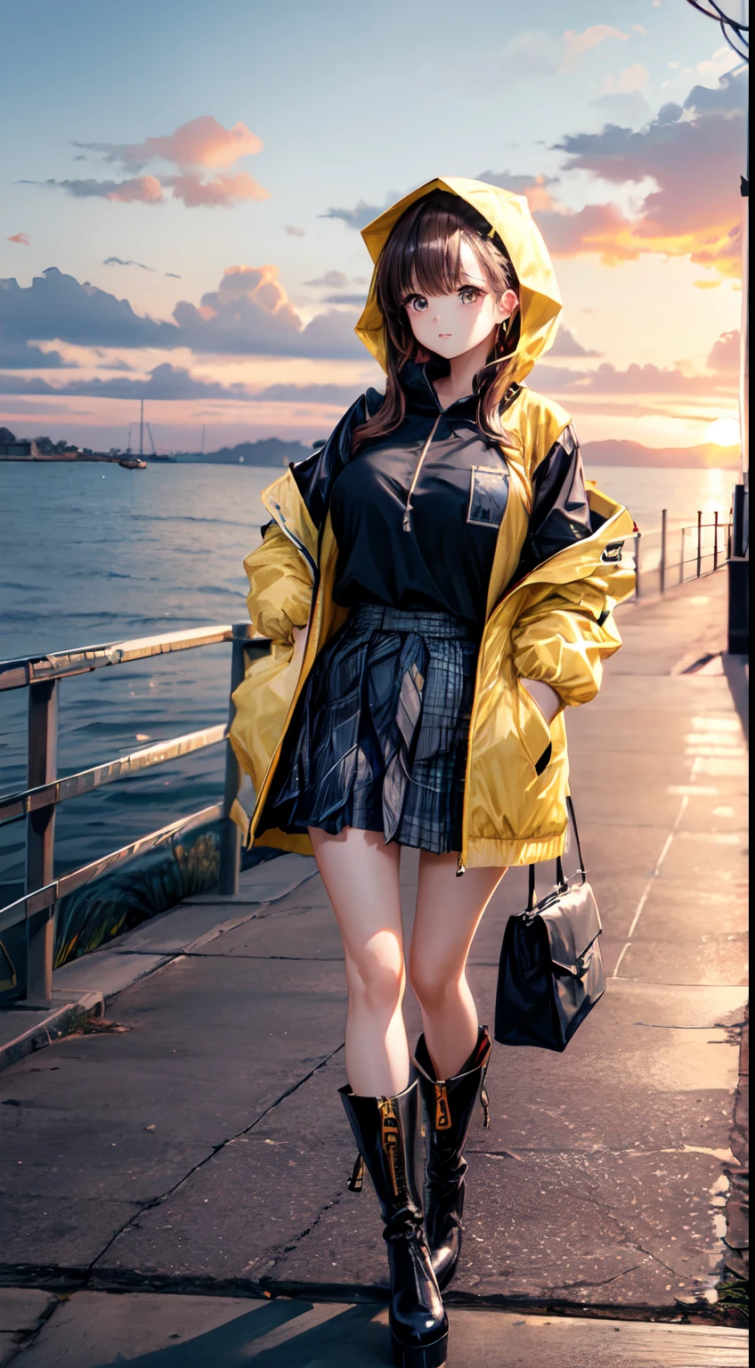 top quality,16K, masterpiece, beautiful high school girl, Light brown beautiful bob hair, Light brown beautiful eyes, looking at viewer, Light brown medium bob hair, plump breast, standing open legs, BREAK (yellow theme:1.4), (oversized and baggy yellow outerwear:1.3), (fusion of yellow windbreaker and yellow hoodie:1.4), (yellow Nylon:1.4), ((zipper, large pocket):1.3), BREAK (black and white plaid-pattern pleated-skirt:1.2), (black platform HIGH boots:1.2), sunset seashore, orange sky, beautiful clouds,