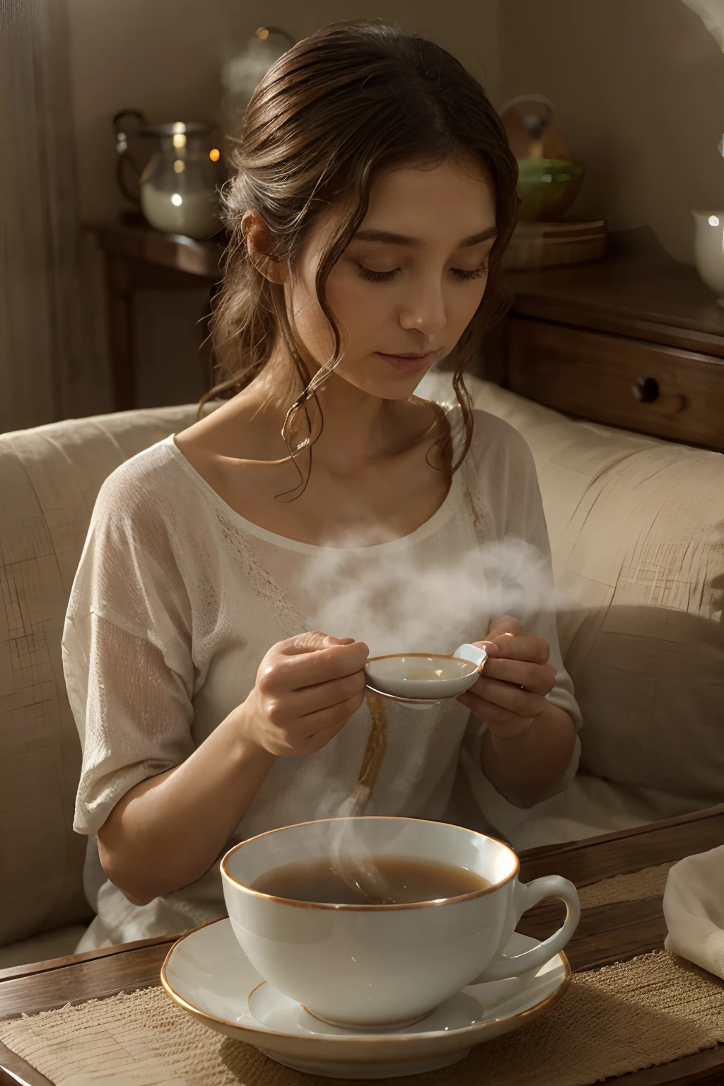 a cup of hot tea, steam rising, delicate porcelain cup, aromatic herbs, soothing beverage, comforting warmth, teabag floating, curled waves, fragrant infusion, swirling mist, tea leaves unfurling, relaxation and tranquility, cozy atmosphere, gentle sip, rejuvenating flavors, subtle sweetness, invigorating aroma, peaceful ambiance, moment of serenity, steaming elixir, slow morning ritual, comfort in a cup, uplifting brew, aromatic symphony, sip by sip, rejuvenating pause, enveloping aroma, warming sensation, velvety texture, awakening senses, gentle swirl, meditative experience, subtle infusion, cherished ritual, tranquil reverie, delicate balance, mindfulness in a cup, tea leaves dancing, awakening the spirit, nourishing elixir, liquid serenity, a moment of stillness