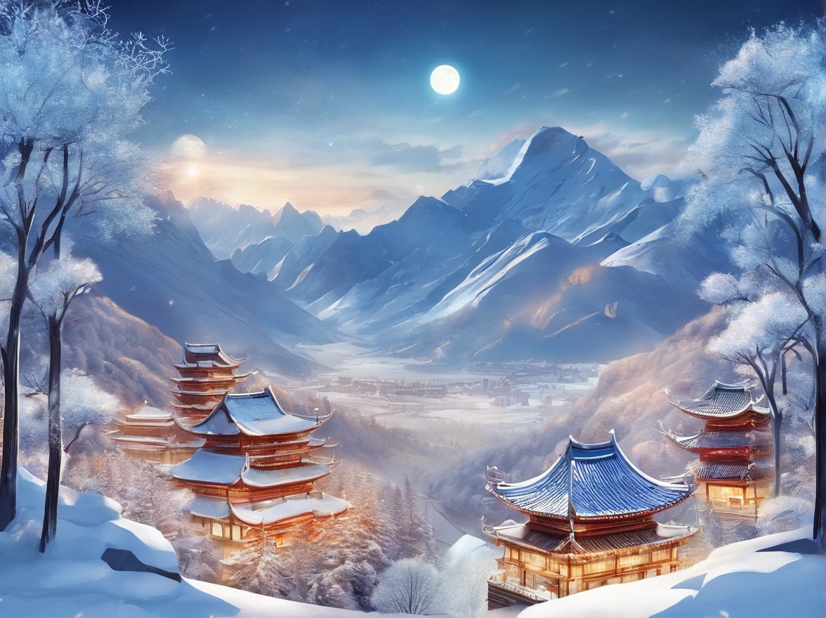 Winter solstice WeChat poster，Realistic style of scenery，There are modern buildings and snow features，The Chinese word "winter solstice" appears