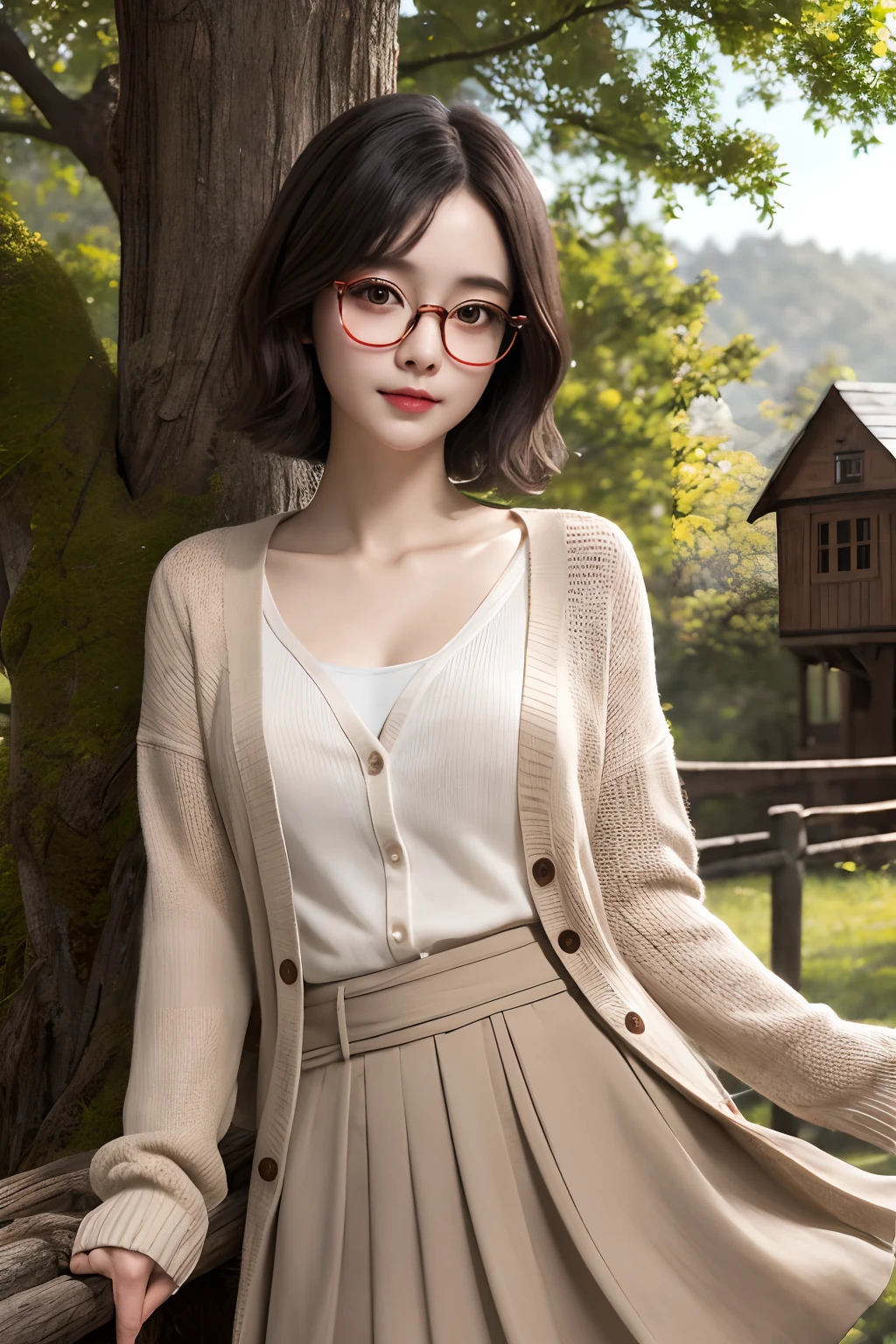 ultra-detailliert、top-quality、girl1、Masterpiece、Photo Real、photoRealstic A dark-haired、short-hair、Hair bouncing outward、dishevled hair Round glasses、Long skirt in red、Beige cardigan View here Background with、Tree House