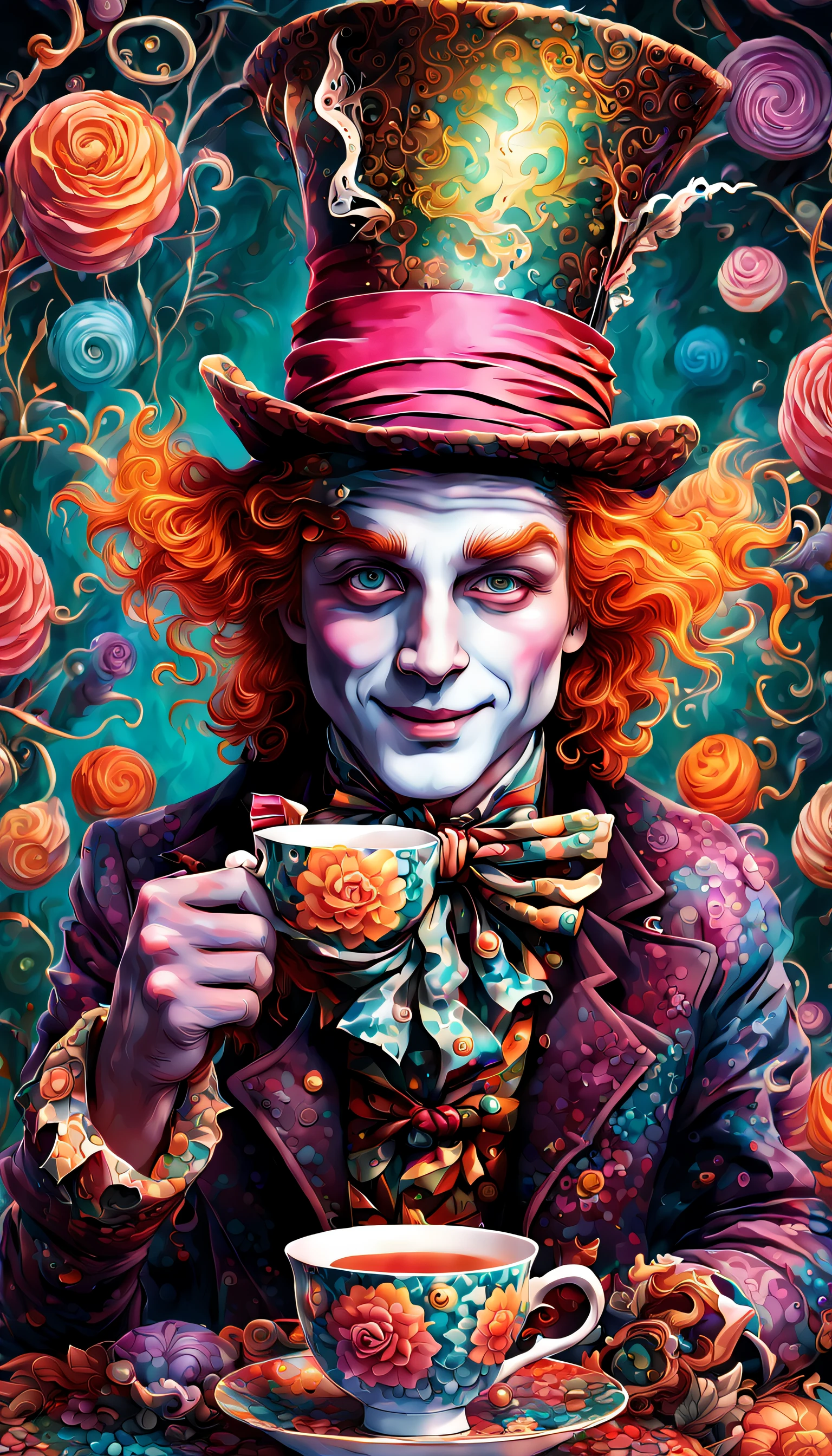 The Mad Hatter, playfully and elaborately illustrated in an otherworldly style, graciously welcomes the viewer to join him in sipping on a deliciously aromatic and enchanted cup of hot tea. Surrounded by a dreamlike enigma filled with mesmerizing patterns and vibrant hues. The wondrous, magical essence of Wonderland, emanating curiosity and inspiring a profound sense of adventure.