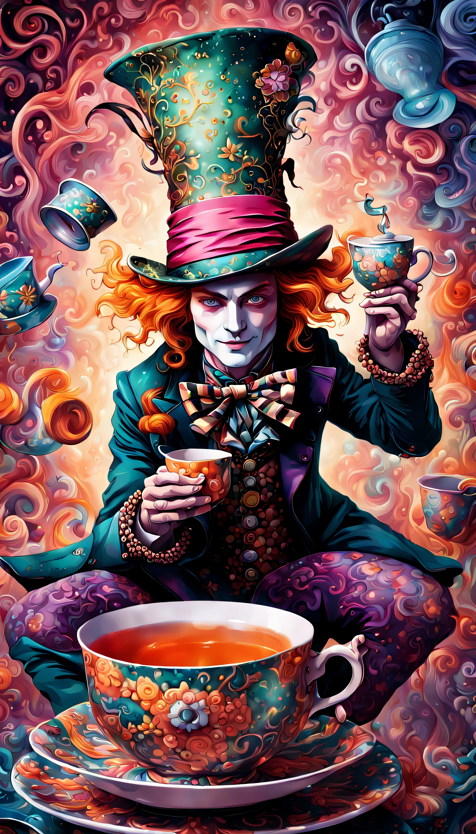 The Mad Hatter, playfully and elaborately illustrated in an otherworldly style, graciously welcomes the viewer to join him in sipping on a deliciously aromatic and enchanted cup of hot tea. Surrounded by a dreamlike enigma filled with mesmerizing patterns and vibrant hues. The wondrous, magical essence of Wonderland, emanating curiosity and inspiring a profound sense of adventure.
