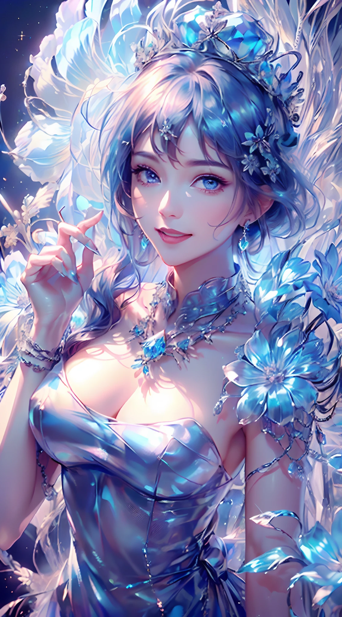 tmasterpiece,Highest high resolution,((((Bow your head and smile)))),Dynamic avatar of a beautiful aristocratic girl,Blue hair is gracefully curled,(((Wearing a crown of huge flowers、Bucket Hat,jewely,Diamond necklace))),Purple clear eyes,(((Hair is covered with beautiful and delicate floral craftsmanship, Crystal Jewelry Filigree))),Ultra-detailed details。