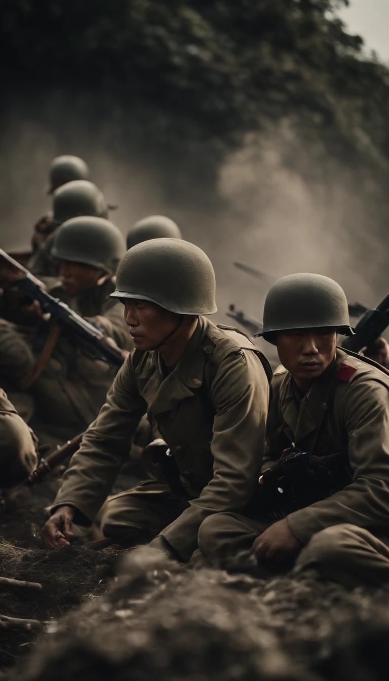 Cut to a reenactment of fierce fighting between  British and Indian soldiers from one side and Japanese soldiers from another side around a small, muddy area deep in the Naga Hills of northeastern India, during WWII, year 1945, colorful bright photo