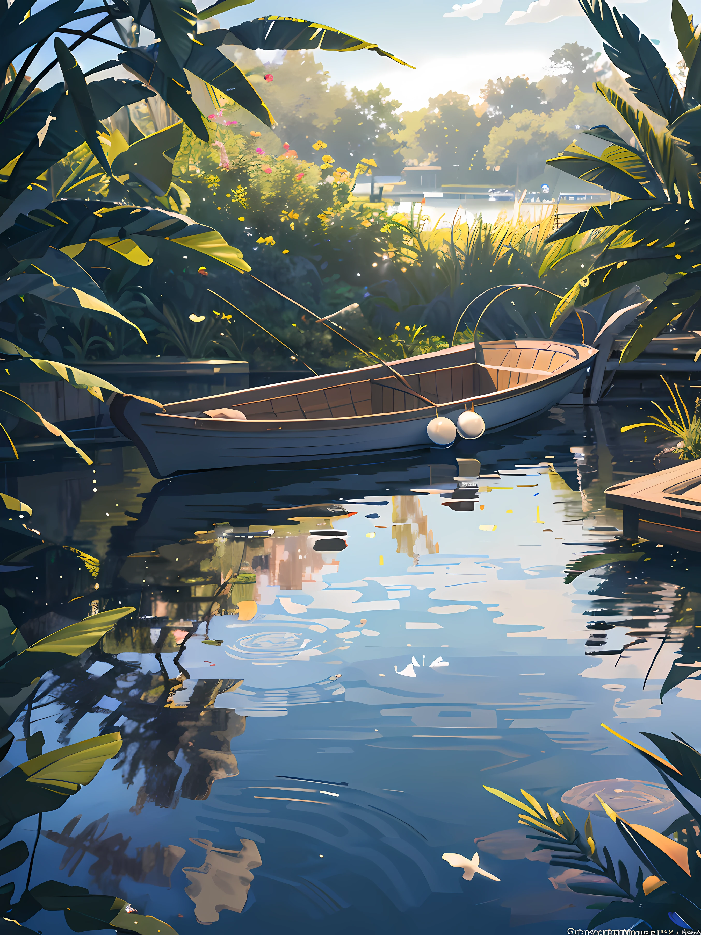 Wallpaper, summer pond, pond, boat, afternoon sun, reeds, pond background, depth of field, hot weather, HD detail, wet watermark, hyperdetail, realistic photo, 16k, surrealism, soft light, deep field focus bokeh, ray tracing, diffuse (ultra-fine glass reflection) and surrealism. --v6