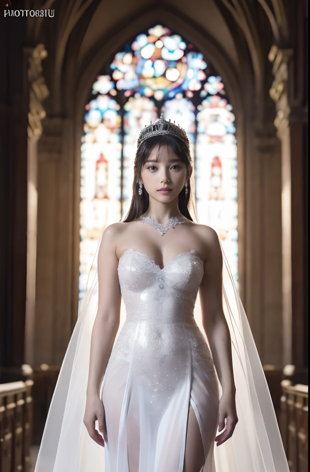 Naked,Full body like," Figure, Transparent bride outfit,Small silver tiara ,Fully visible bust,Long transparent skirt that emphasizes the lines of the body,Wedding in the church,There is a large crowd of participants behind you, the perfect body, (Best Quality, 4K, 8K, High resolution, masutepiece:1.2), Ultra-detailed, (Realistic, Photorealistic, Photorealsitic:1.37), royal, Captivating, (Vibrant colors, sharp chest:1.1), Soft lighting"
