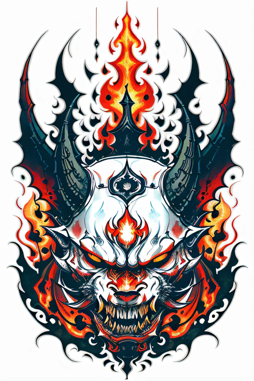 Fire Flame Effect Fine Tattooed White Background Rich in color,The armored demon opened its mouth and roared ,The special effects of demons colorful ghosts and fires create a logo,