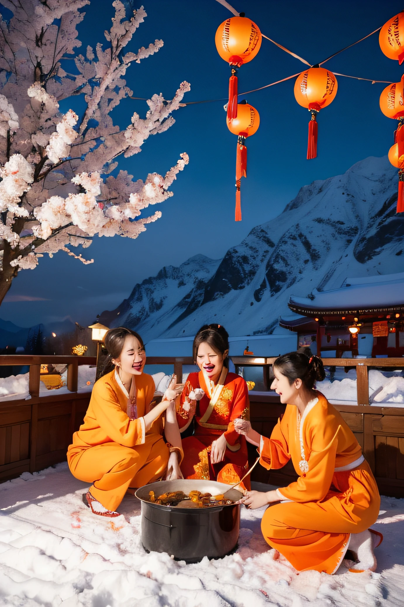 (best quality,highres,photorealistic:1.37),winter,warm and cozy atmosphere,happy gathering,Chinese New Year celebration,dumplings,orange uniforms,joyful faces,traditional decorations,lively and vibrant scene,red envelopes,firecrackers,bright lanterns,bonding with family and friends,laughter and smiles,making memories,celebrating unity and good fortune,peaceful snowy landscape,crisp and clean air,steaming hot pots,festive music and dances,delicious food and drinks,auspicious symbols,prosperity and luck,happy traditions and customs,wishes for a prosperous year.