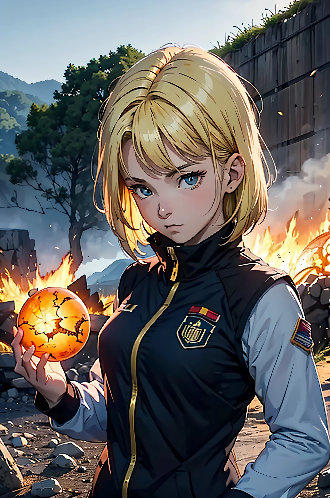 U.S. Soldier Female Soldier、Solo, 30 years old, Female、Artificial Human Circle No. 18(dragon balls)Similar to、blonde  hair、Shortcut Hair、smudged face、Sea of Fire Battlefield Background