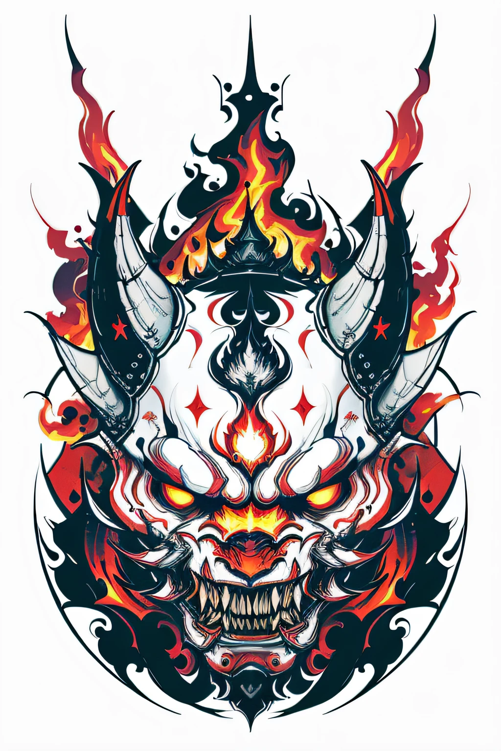 Fire flame effect thin tattooed white background rich in color,The armored demon opened its mouth and roared ,The special effects of demons, colorful ghosts and fireworks create a logo,Masterpiece artwork