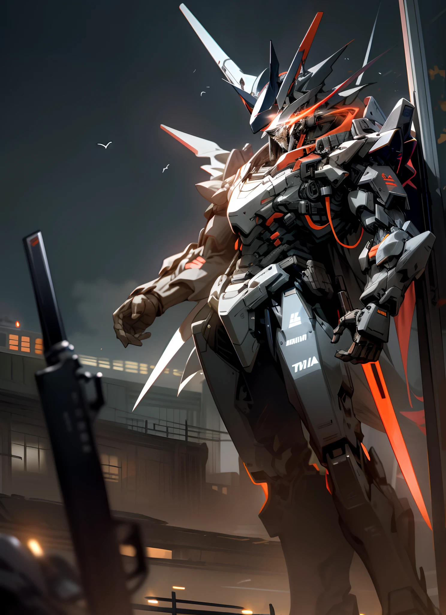 天空、云、holding_weapon,no_humans,SHINES、机器人、built、glowing_eyes,mechs、sience_fiction,city nigth、realisitic、Carbon black and red coloring、Matte finish、Lenovo's ThinkPad