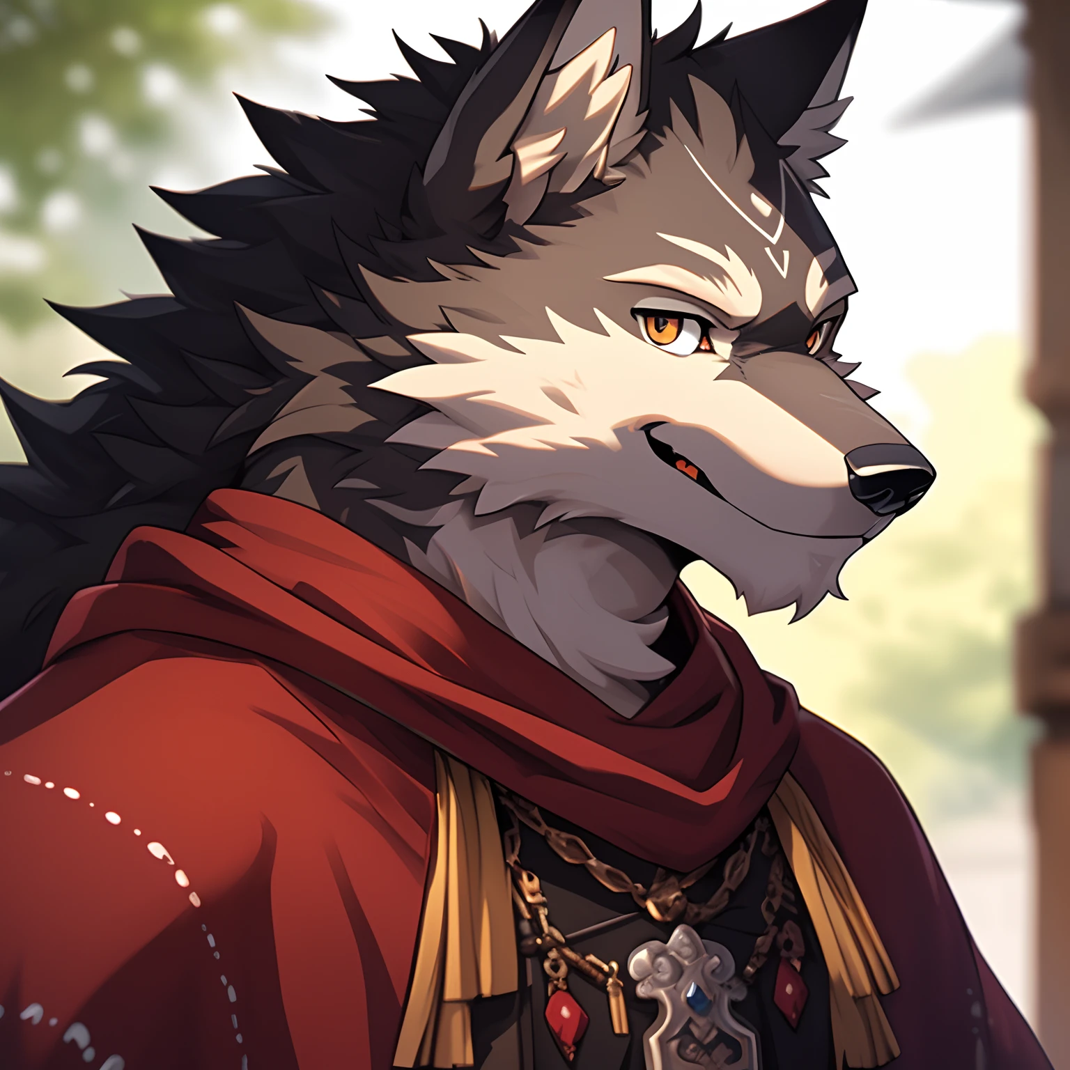 One scene of movie, depth of field, motion blur, absurdres, looking at viewer, (best quality), (masterpiece), (ultra detailed), sharp focus, niji, eyesgod, black eye, furry, solo, light-white fur, brown fur, black beard, very close up face, profile picture, winking eye, smile, anthro (wolf), male, (wolf), middle-aged, muscular, knight costume, long red cherry cloak, ultra detailed face