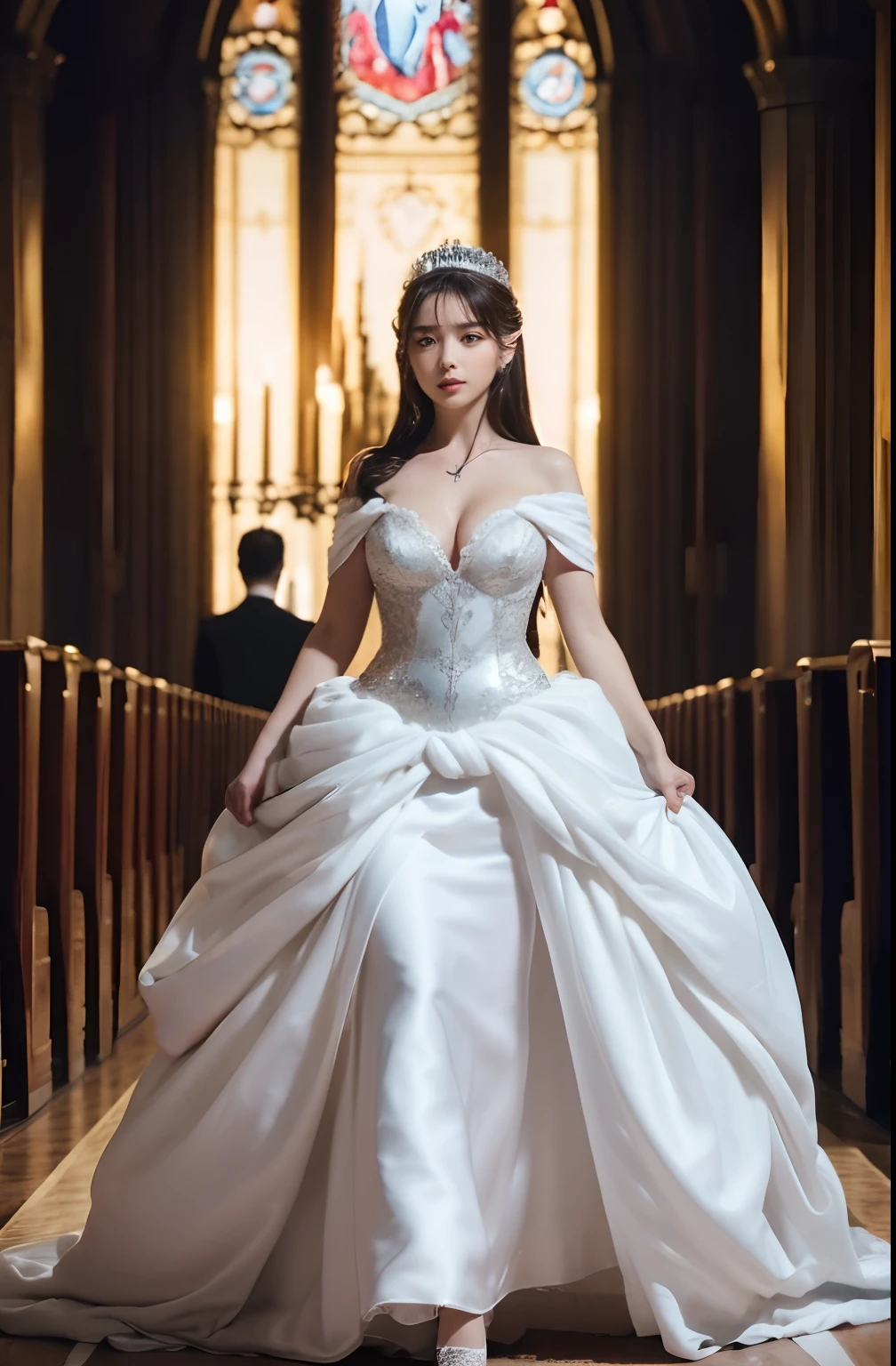 Naked,Full body like," Figure, Bride's outfit without shoulder straps,Small silver tiara,Colossal tits,Protruding ,Fully visible bust,Sheer princess skirt,Wedding in the church,There is a large crowd of participants behind you, the perfect body, (Best Quality, 4K, 8K, High resolution, masutepiece:1.2), Ultra-detailed, (Realistic, Photorealistic, Photorealsitic:1.37), royal, Captivating, (Vibrant colors, sharp chest:1.1), Soft lighting"