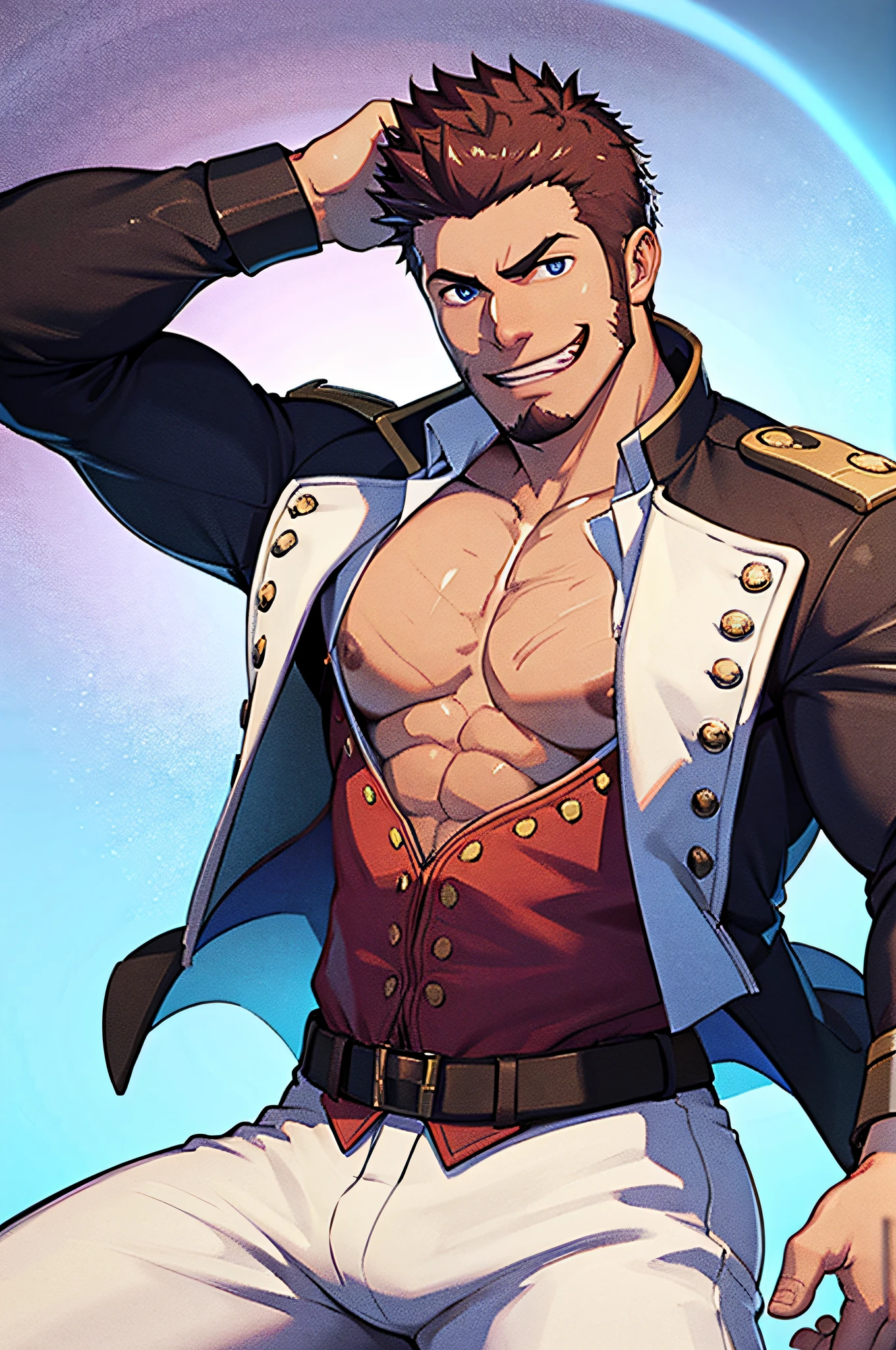 Napoleon Bonaparte, muscular male, Looking at Viewer, Open your clothes, Military uniform, Jacket, epaulets, partially unbuttoned, White pants,((masutepiece)),((Best Quality)),8K,detaileds,(hyperdetailed face),(Ultra-detailed eyes)、Anime,nffsw,{{masutepiece, Best Quality, Highly detailed ajc, Unity 8k壁纸 }}、(Detailed: 1.2), (Very detailed and beautiful: 1.1)、（ratex: 1.1） Solo, Male-only, muscular male, Full body depiction, Male-only, (playboy ), Sexy, Functional, Etheric space , Excessive pectoral muscles, muscular,Sweating,Puffiness in the crotch area、big shoulders、large full breasts、grin face、The perfect light source、(He is spreading his shirt with both hands),(Exposed chest)