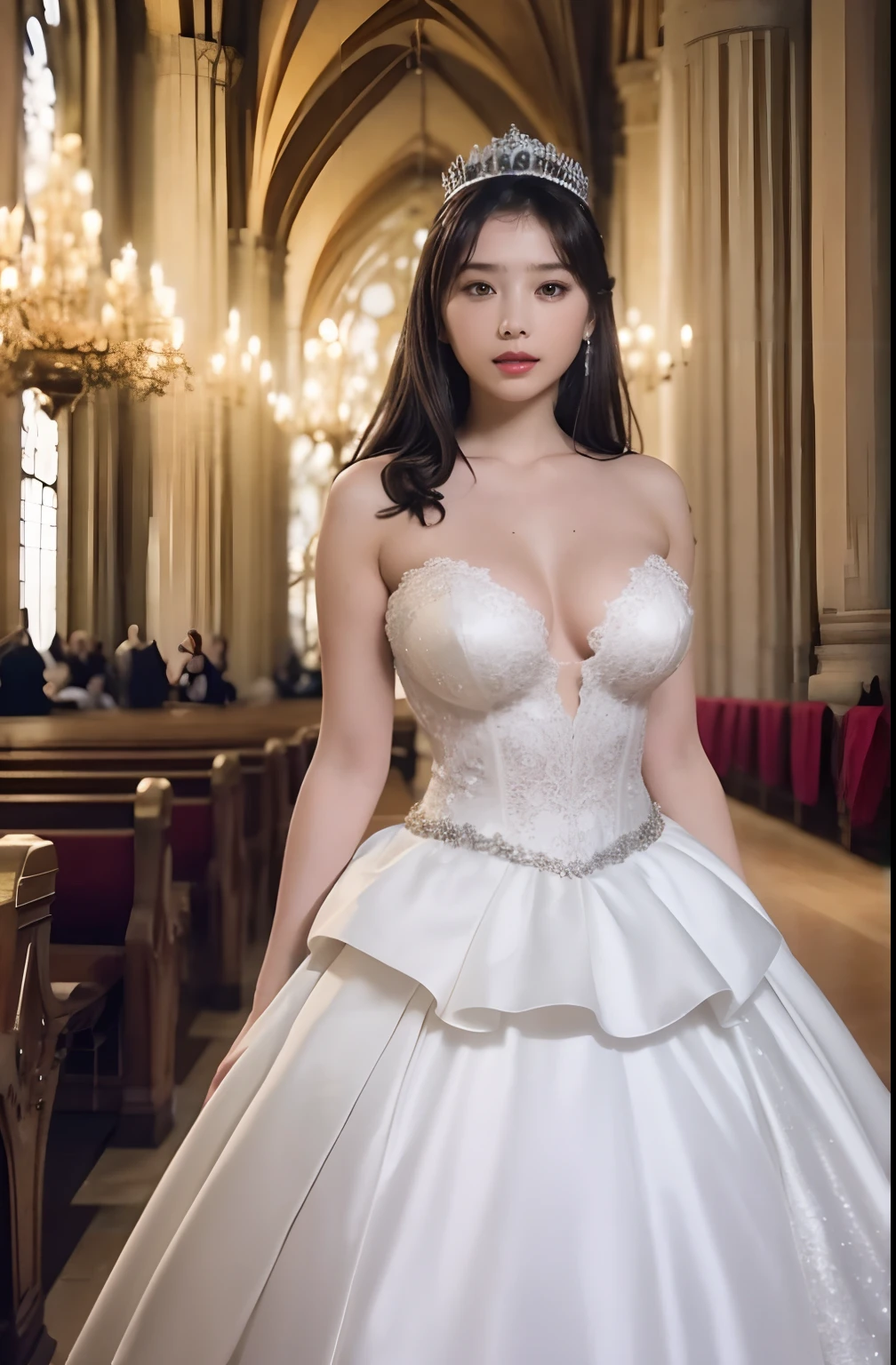 Naked,Full body like," Figure, Bride's outfit without shoulder straps,Small silver tiara,Colossal tits,sloppy and droopy breasts  ,Fully visible bust,Sheer princess skirt,Wedding in the church,There is a large crowd of participants behind you, the perfect body, (Best Quality, 4K, 8K, High resolution, masutepiece:1.2), Ultra-detailed, (Realistic, Photorealistic, Photorealsitic:1.37), royal, Captivating, (Vibrant colors, sharp chest:1.1), Soft lighting"