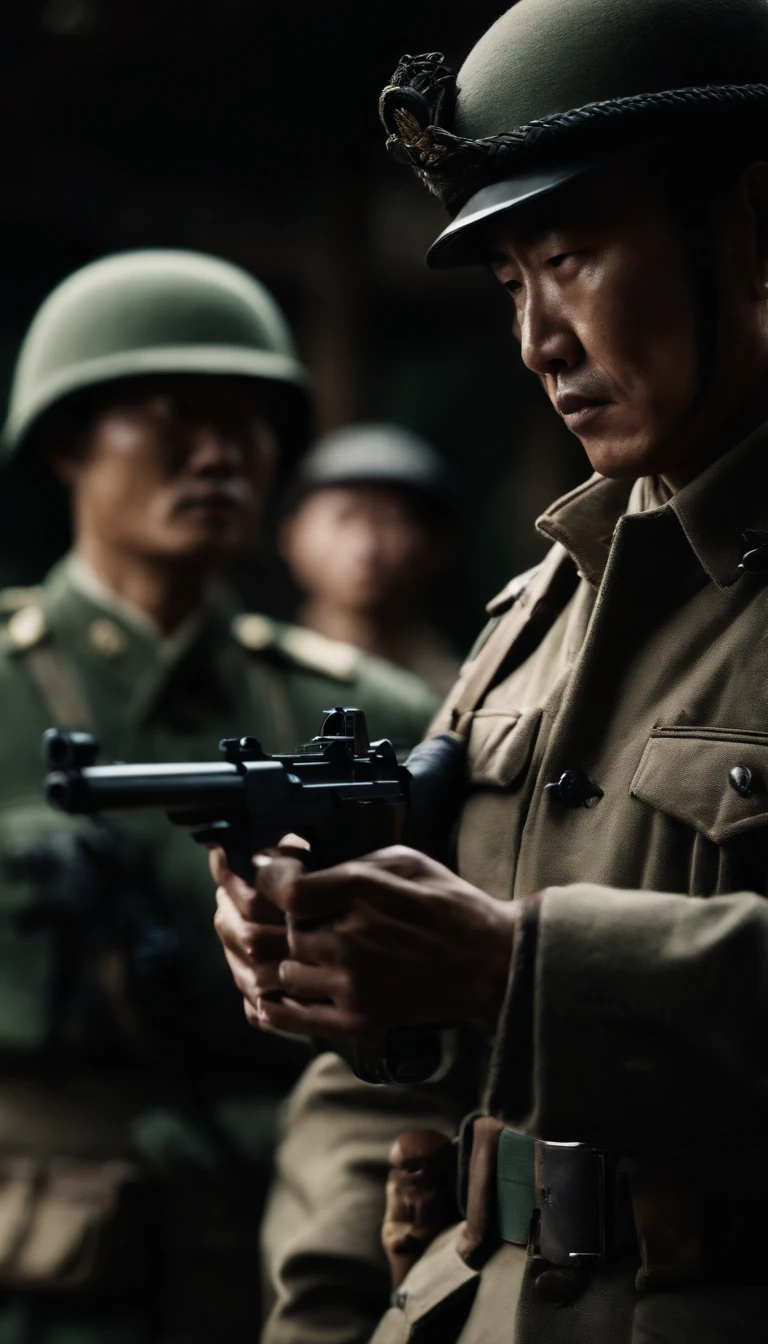 A Japan soldier points a gun at a Chinese corpse