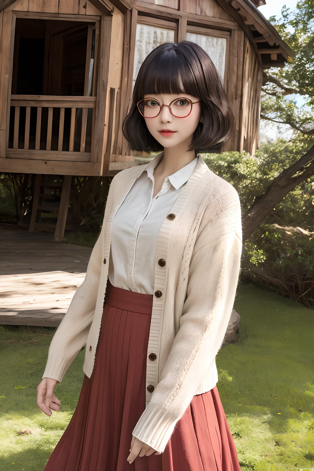 ultra-detailliert、top-quality、girl1、Masterpiece、View looking up from directly below A dark-haired、short-hair、Blunt bangs Round glasses、Red skirt、Beige cardigan Soft thighs、Mansuji Boldly open legs、Illustration inside the skirt、Pull up your panties Background with、Tree House