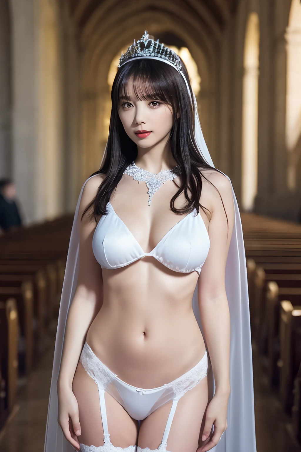 Naked," Figure, Small silver tiara, Transparent Cape、Transparent stockings、Saggy big, Dark pubic hair , the perfect body, Full body like,After the wedding、In front of the church, (Best Quality, 4K, 8K, High resolution, masutepiece:1.2), Ultra-detailed, (Realistic, Photorealistic, Photorealsitic:1.37), royal, Captivating, (Vibrant colors, sharp chest:1.1), Soft lighting"