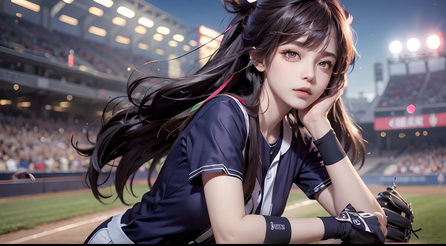 A female baseball player pitches（1.5），tmasterpiece，top Quority，super wide shot（1.5)（realisticlying，realisticlying：1.4），（RAW photos：1.4），Very delicate CG Unity 8K wallpaper，very delicate beautiful，Wonderful，The attention to detail，offcial art，absurderes，Incredibly Ridiculous res，hugefilesize，Very fine，very refined，Beautiful eyes and face，Beautiful exquisite eyes，light in face，one-girl，long whitr hair，（pompons）nabel，The upper part of the body，Baseball uniforms，Wearing baseball gloves on his hands， baseball stadium， Bare arms， By bangs， ulzang-6500-v1.1