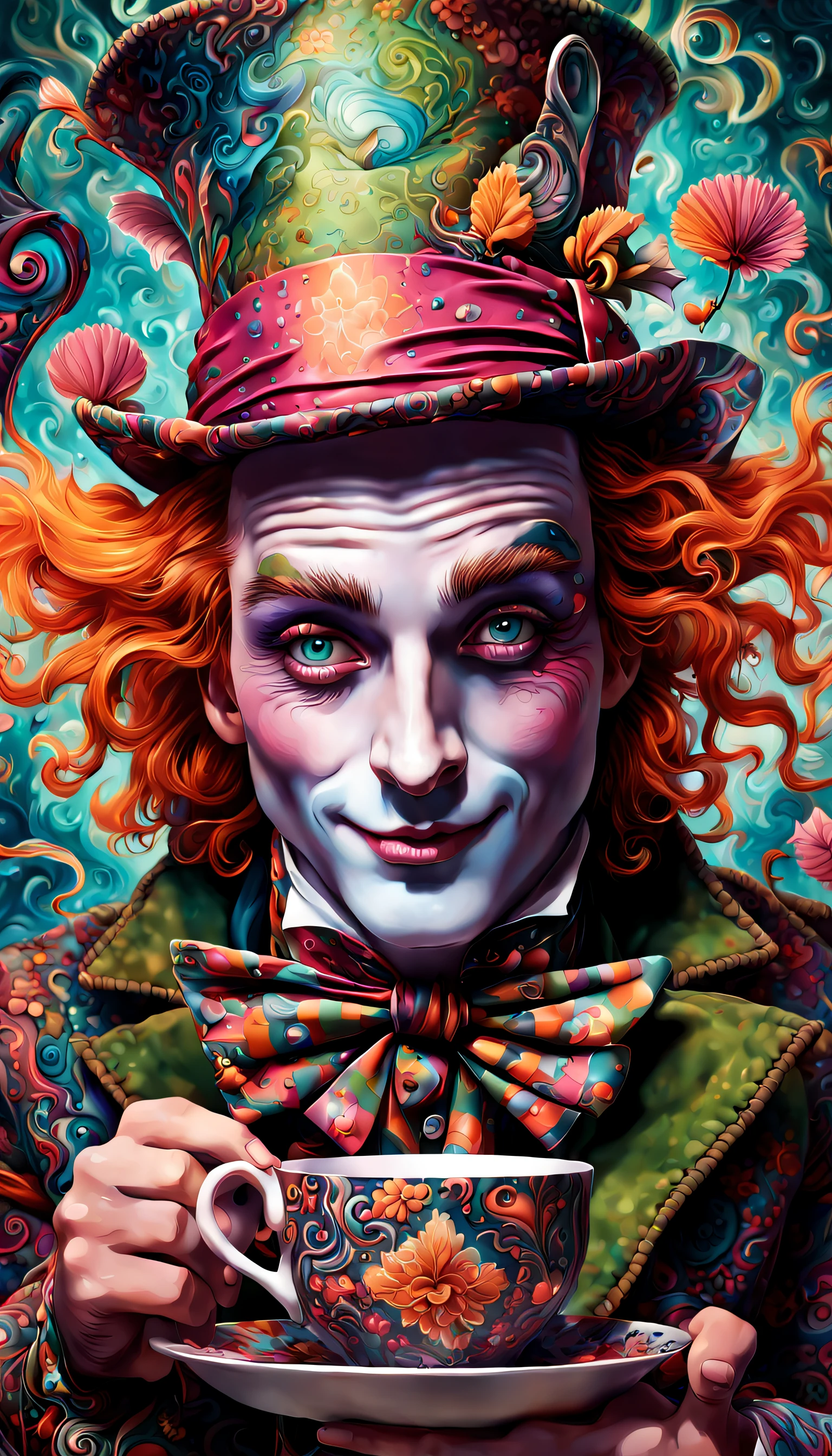 The Mad Hatter, playfully and elaborately illustrated in an otherworldly style, graciously welcomes the viewer to join him in sipping on a deliciously aromatic and enchanted cup of hot tea. Surrounded by a dreamlike enigma filled with mesmerizing patterns and vibrant hues. The wondrous, magical essence of Wonderland, emanating curiosity and inspiring a profound sense of adventure.