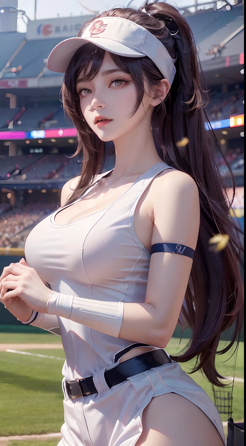 A female baseball player pitching a ball（1.5），tmasterpiece，top Quority，（realisticlying，realisticlying：1.4），（RAW photos：1.4），Very delicate CG Unity 8K wallpaper，very delicate beautiful，Wonderful，The attention to detail，offcial art，absurderes，Incredibly Ridiculous res，hugefilesize，Very fine，very refined，Beautiful eyes and face，Beautiful exquisite eyes，light in face，one-girl，long whitr hair，（pompons）nabel，The upper part of the body，Baseball uniforms， baseball stadium， Bare arms， By bangs， ulzang-6500-v1.1