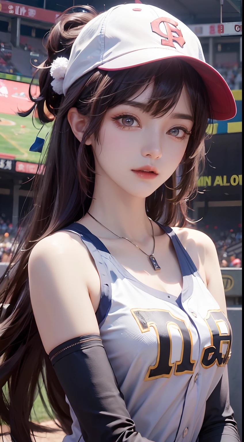 tmasterpiece，top Quority，（realisticlying，realisticlying：1.4），（RAW photos：1.4），Very delicate CG Unity 8K wallpaper，very delicate beautiful，Wonderful，The attention to detail，offcial art，absurderes，Incredibly Ridiculous res，hugefilesize，Very fine，very refined，Beautiful eyes and face，Beautiful exquisite eyes，light in face，one-girl，long whitr hair，（pompons）nabel，The upper part of the body，Baseball Uniforms， baseball stadium， Baseball pitching action，Bare arms， By bangs， ulzang-6500-v1.1
