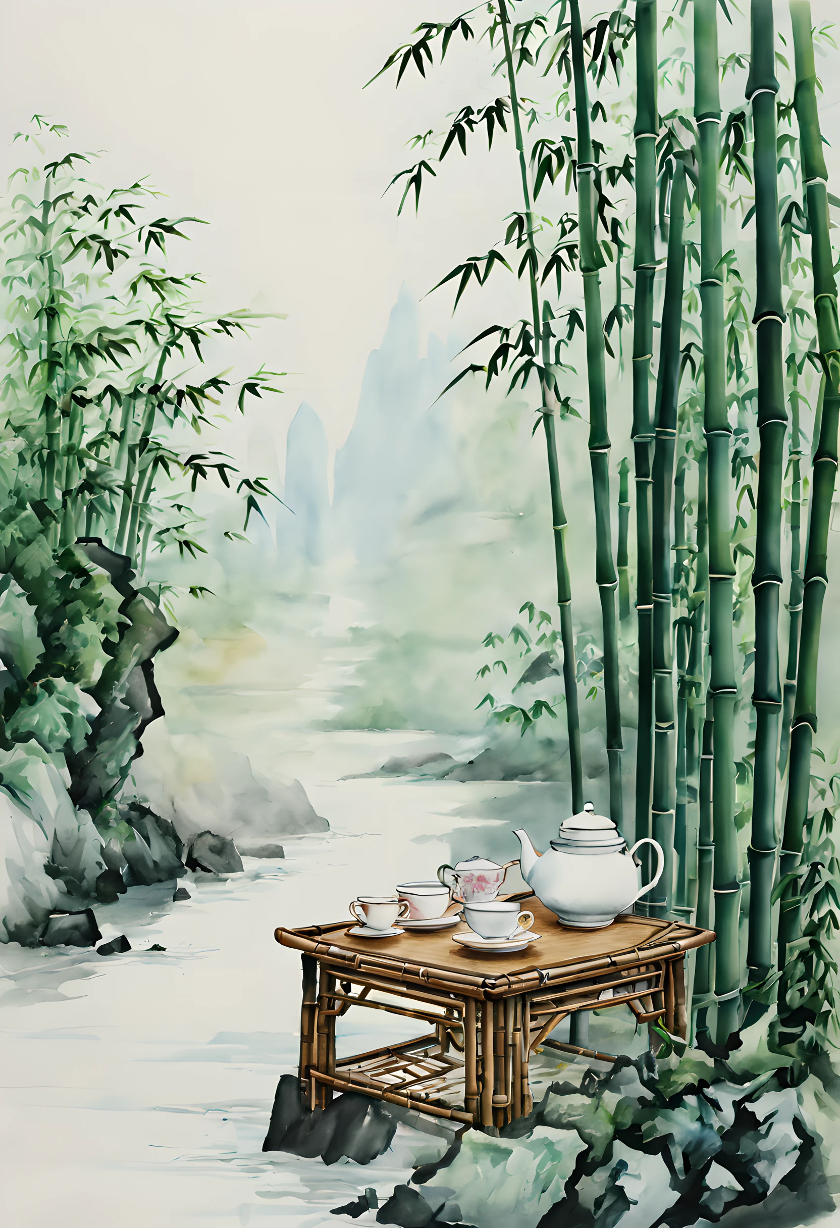 (Tea:1.5), (ink and watercolor painting:1.5), (Tasteful:1.5), (ink and watercolor painting:1.5), (full color:1.5), 8k, 4k, (landscapes:1.5), (tea time:1.5), (Bamboo bush:1.5), (600s:1.5),