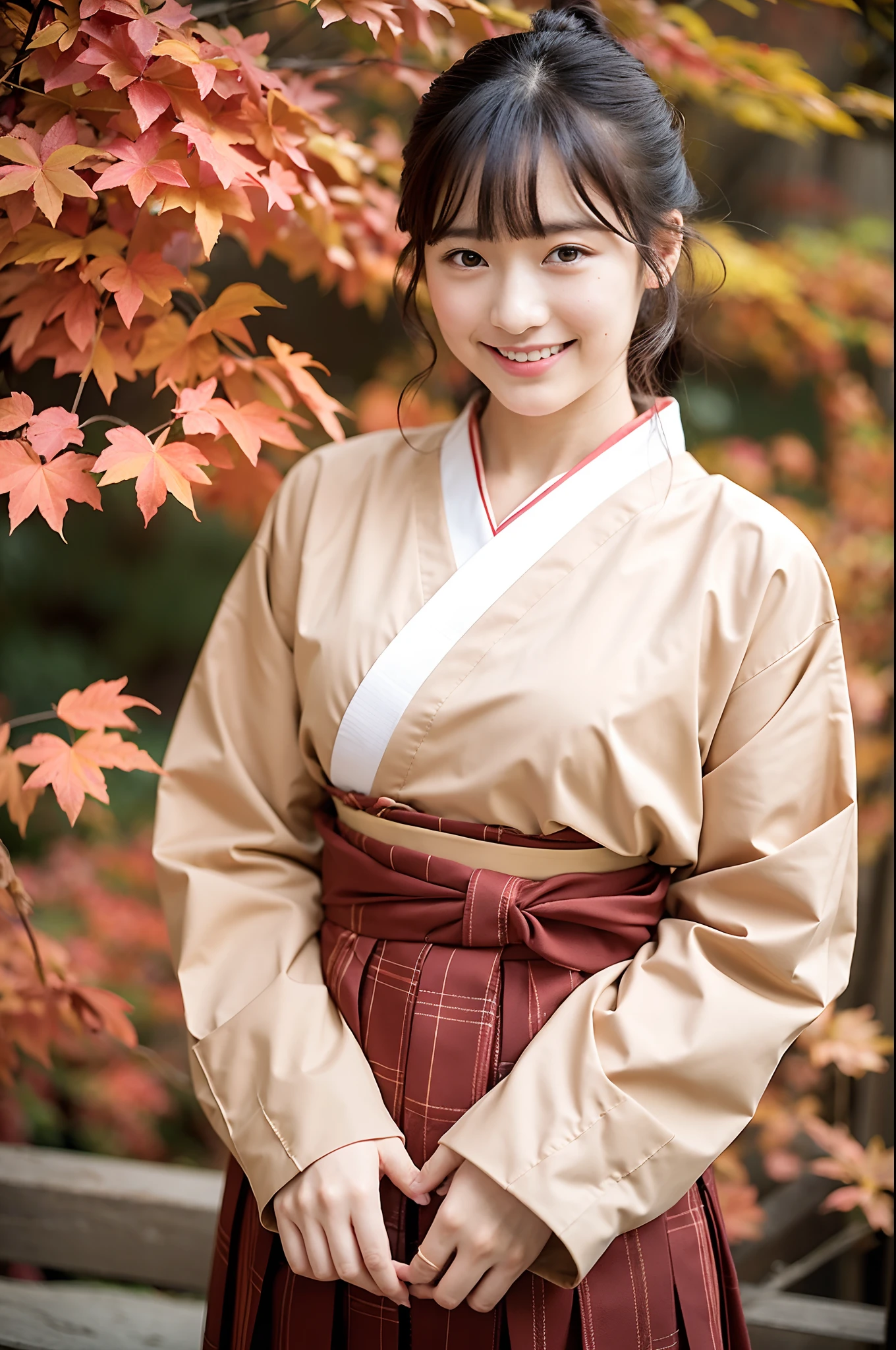 girl in old-Japan school yard with autumn leaves,very long sleeved floral hakama top and brown hakama bottom,white socks,hair red string bow,18-year-old,bangs,a little smiles,knees,from below