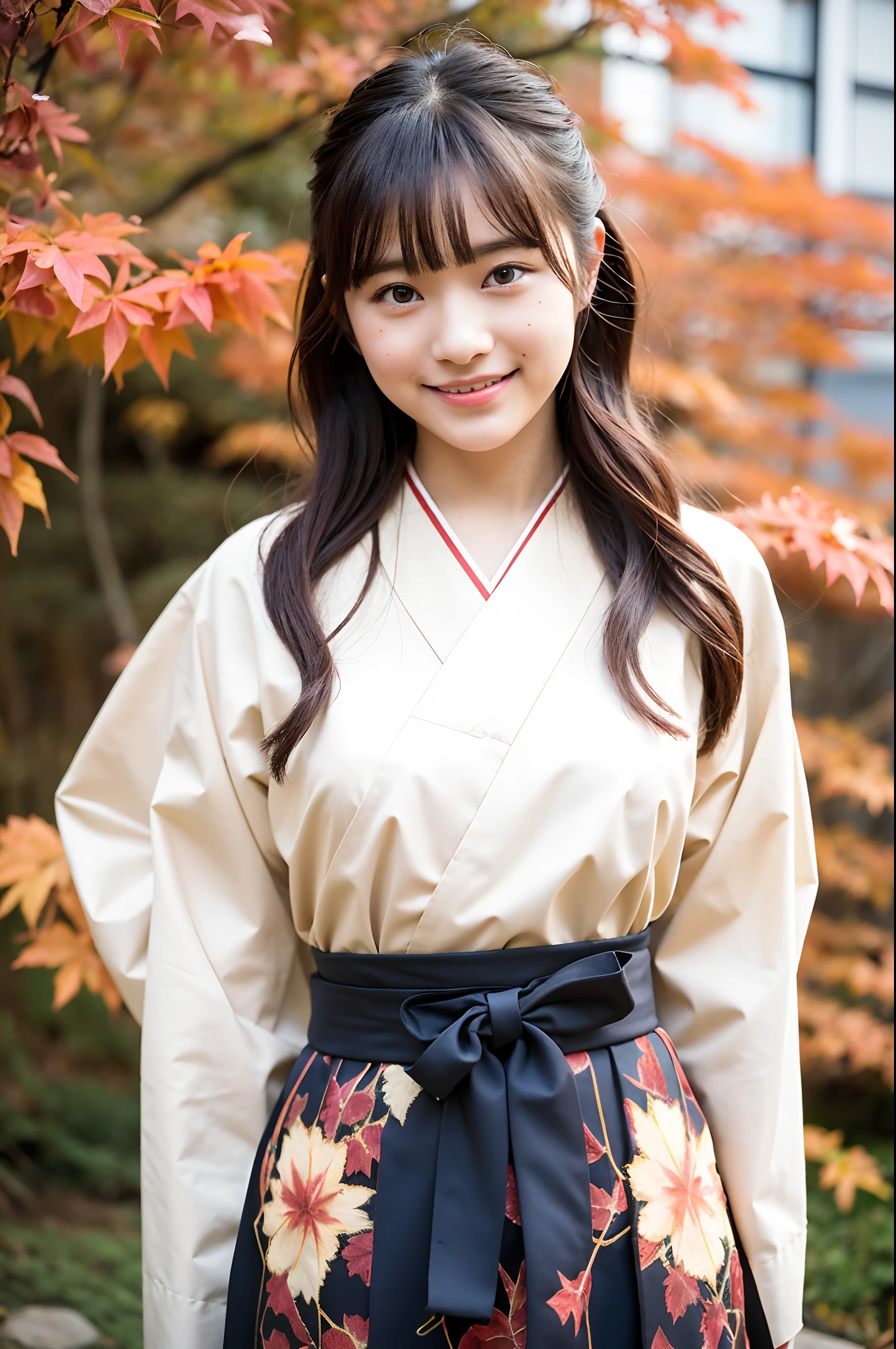 girl in old-Japan school yard with autumn leaves,very long sleeved floral hakama top and brown hakama bottom,white socks,hair red string bow,18-year-old,bangs,a little smiles,knees,from below