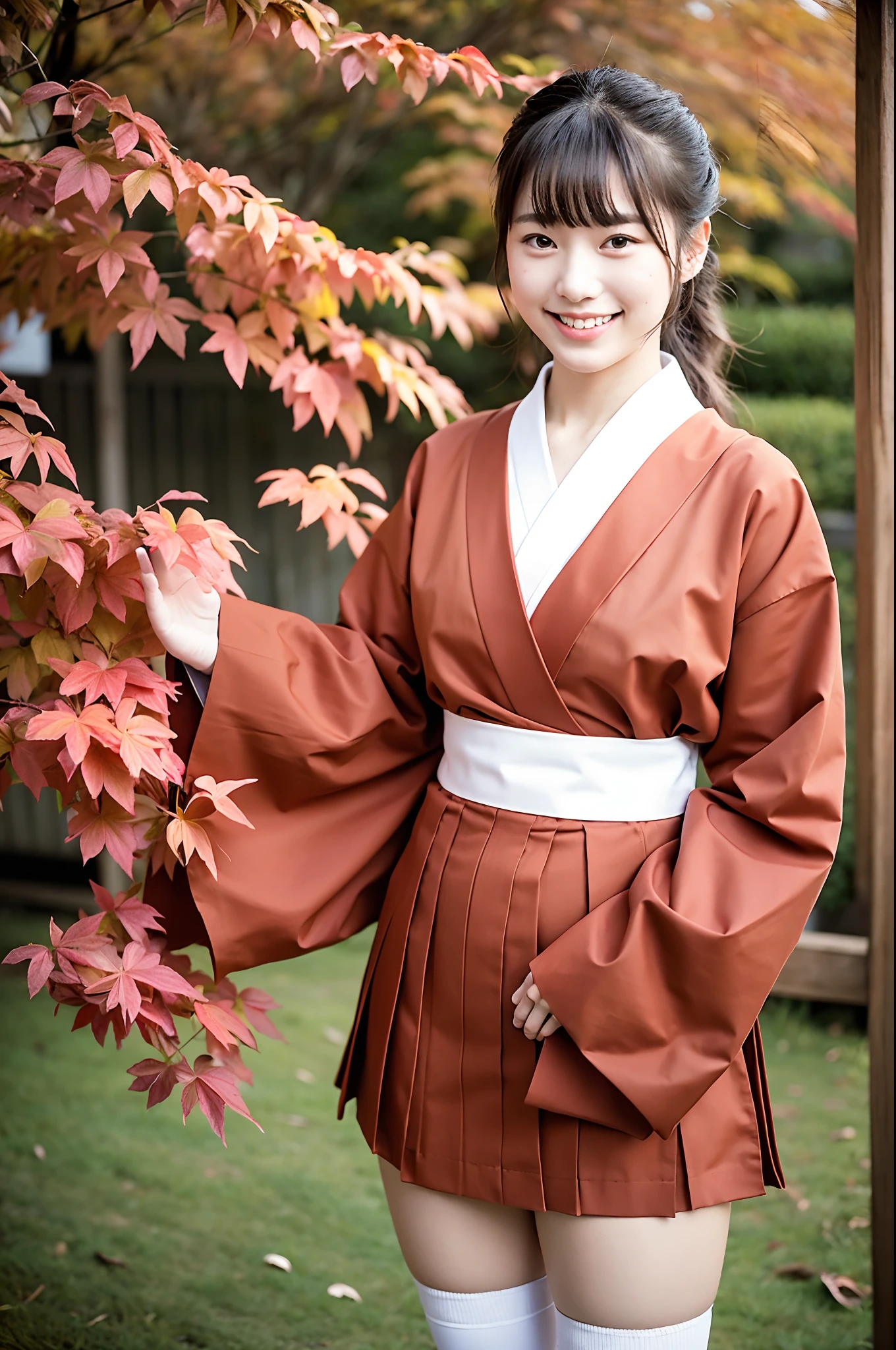 girl in old-Japan school yard with autumn leaves,very long sleeved floral hakama top and brown hakama bottom,white socks,hair red string bow,18-year-old,bangs,a little smiles,knees,from below