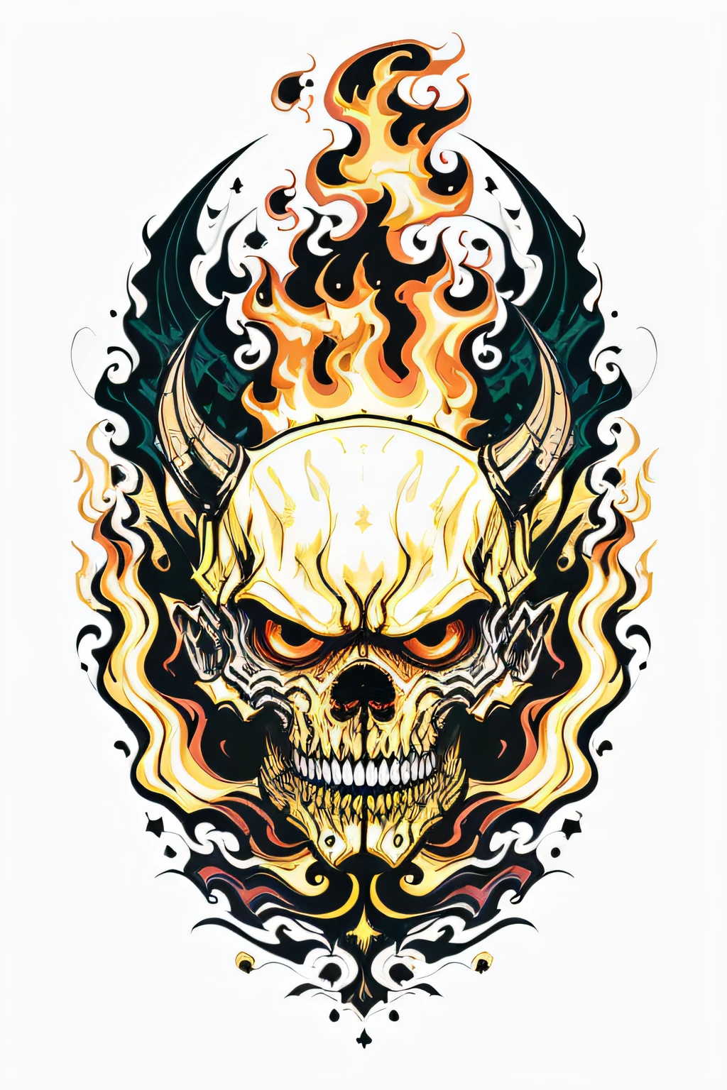 Gold, wood, water, fire, earth, five elements, special effects, fine lines, white background, rich colors，Fleeing armor, skeletons, open mouths, roar ，The special effects of demons colorful ghosts and fires create a logo，