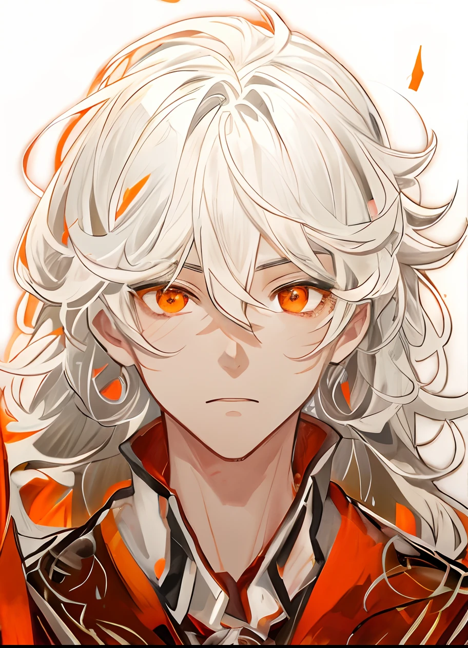 anime - style image of a man with white hair and red-orange eyes, white haired, detailed anime character art, wearing black robe with glowing red-orange patterns on it, anime character portrait, with glowing red-orange eyes, white haired deity, he had white hair, emotionless and expressionless, light indian skin tone, white-haired, stunning anime face portrait, detailed anime face, anime style portrait, detailed fanart, creme-white ambience background, detailed hair strands