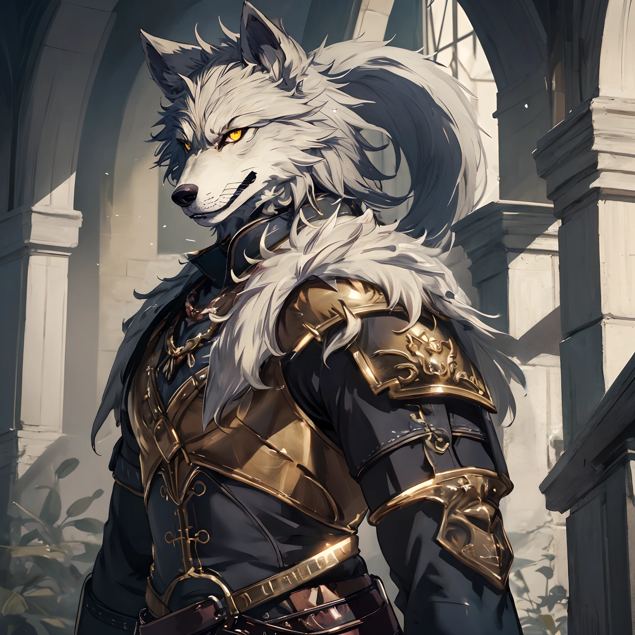 masterpiece, best quality, 1man, adult, male focus, solo, furry, werewolf, vibrant yellow eyes, looking at viewer, High quality metal texture, closed mouth, Fantasy aesthetics, Highly detailed, shadowverse style, furry armor, warrior