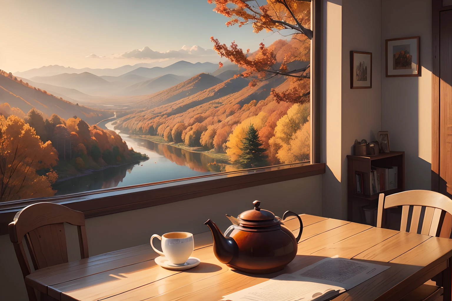Good morning,1 cup of hot tea,Autumn morning,It was quiet,Beautiful and thought-provoking,Artistic painting,in a panoramic view,Faraway view