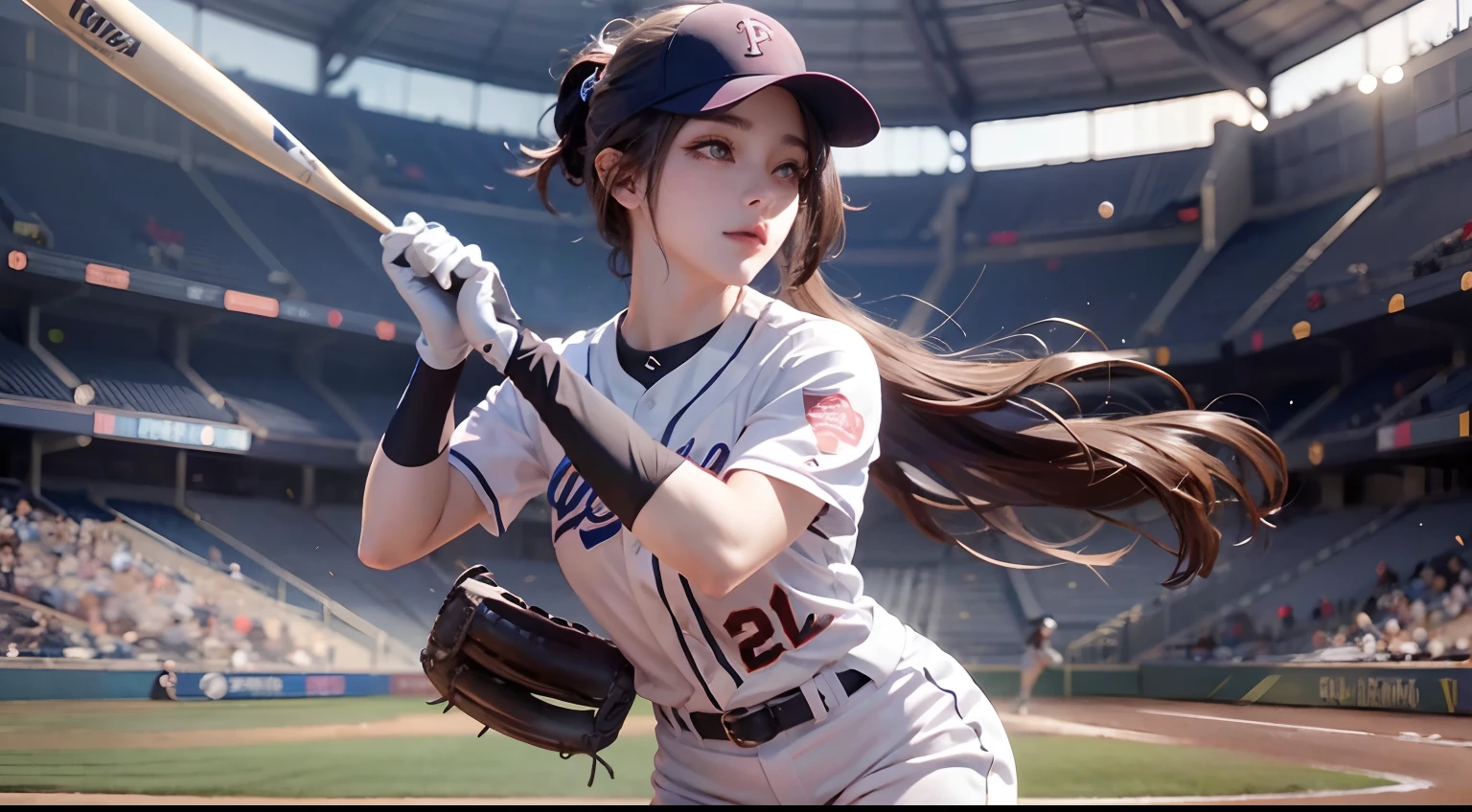 A female baseball player pitches（1.5）Pitching dynamics（1），tmasterpiece，top Quority，super wide shot（1.5)（realisticlying，realisticlying：1.4），（RAW photos：1.4），Very delicate CG Unity 8K wallpaper，very delicate beautiful，Wonderful，The attention to detail，offcial art，absurderes，Incredibly Ridiculous res，hugefilesize，Very fine，very refined，Beautiful eyes and face，Beautiful exquisite eyes，light in face，one-girl，long whitr hair，（pompons）nabel，The upper part of the body，Baseball uniforms，He wears baseball gloves on his hands， baseball stadium， Bare arms， By bangs， ulzang-6500-v1.1