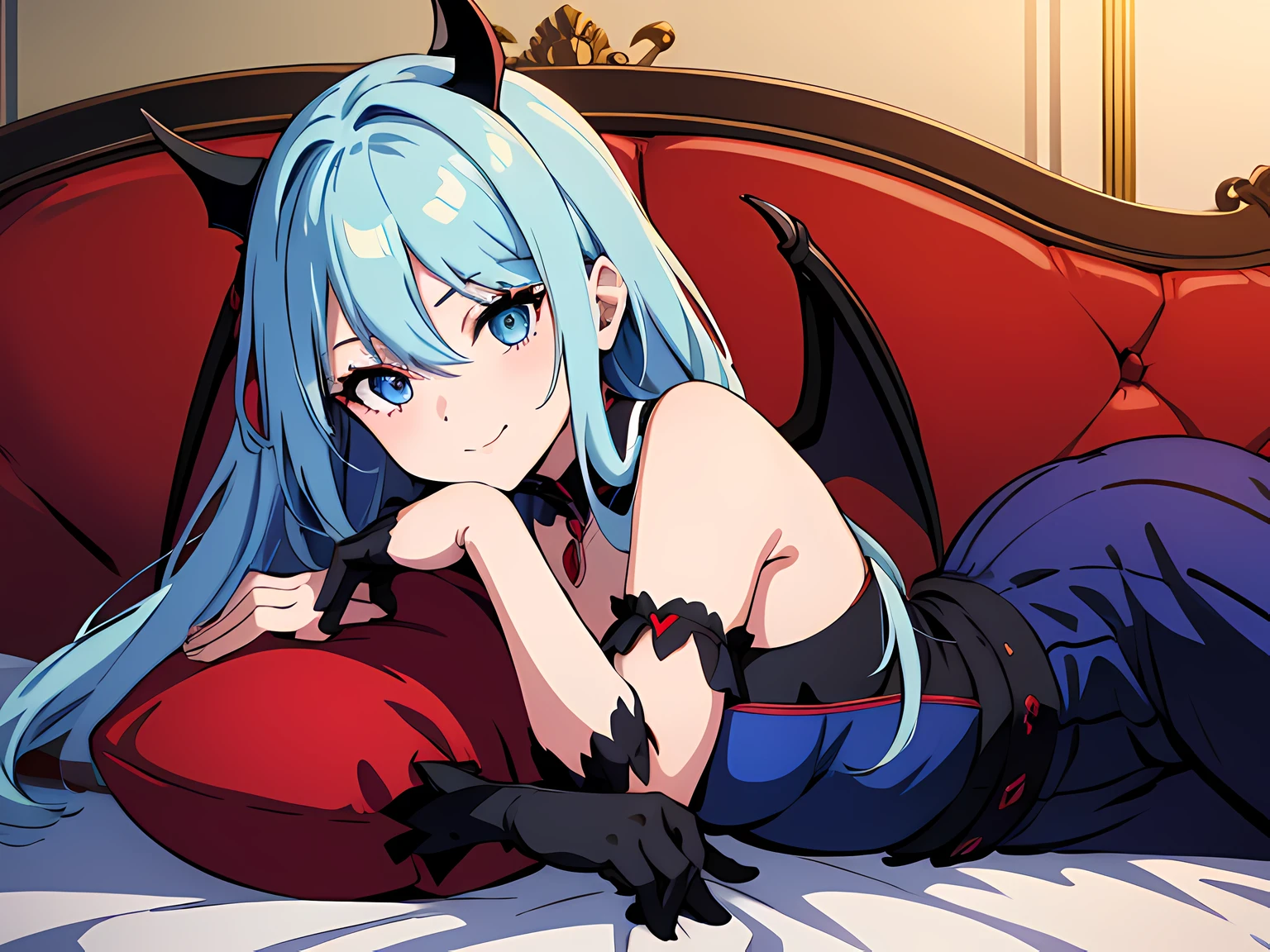 1 girl vampire with bat wings on head, beautiful eyes finely detailed, (blue hair, long hair), tipsy smile, red dress standing in front of you, lying on the edge of the bed, leaning towards you, middle ages style bedroom, (half body:0.6), anime best girl, masterpiece sidelighting, ​masterpiece, top-quality, detailed, High resolution illustration
