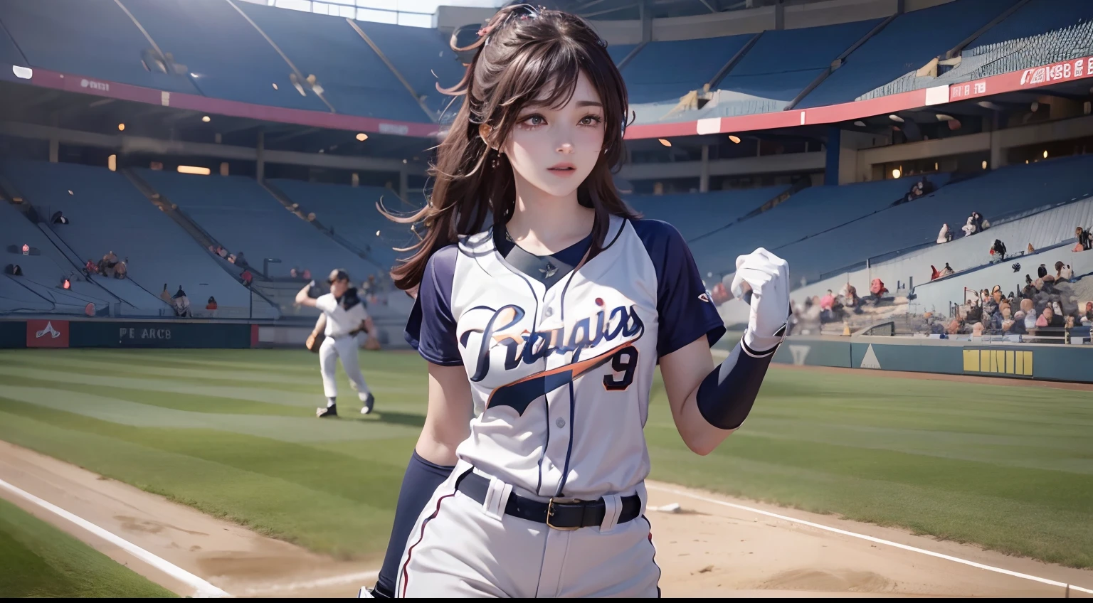 A female baseball player pitches（1.5）Pitching dynamics（1），tmasterpiece，top Quority，super wide shot（1.5)（realisticlying，realisticlying：1.4），（RAW photos：1.4），Very delicate CG Unity 8K wallpaper，very delicate beautiful，Wonderful，The attention to detail，offcial art，absurderes，Incredibly Ridiculous res，hugefilesize，Very fine，very refined，Beautiful eyes and face，Beautiful exquisite eyes，light in face，one-girl，long whitr hair，（pompons）nabel，The upper part of the body，Baseball uniforms，He wears baseball gloves on his hands， baseball stadium， Bare arms， By bangs， ulzang-6500-v1.1