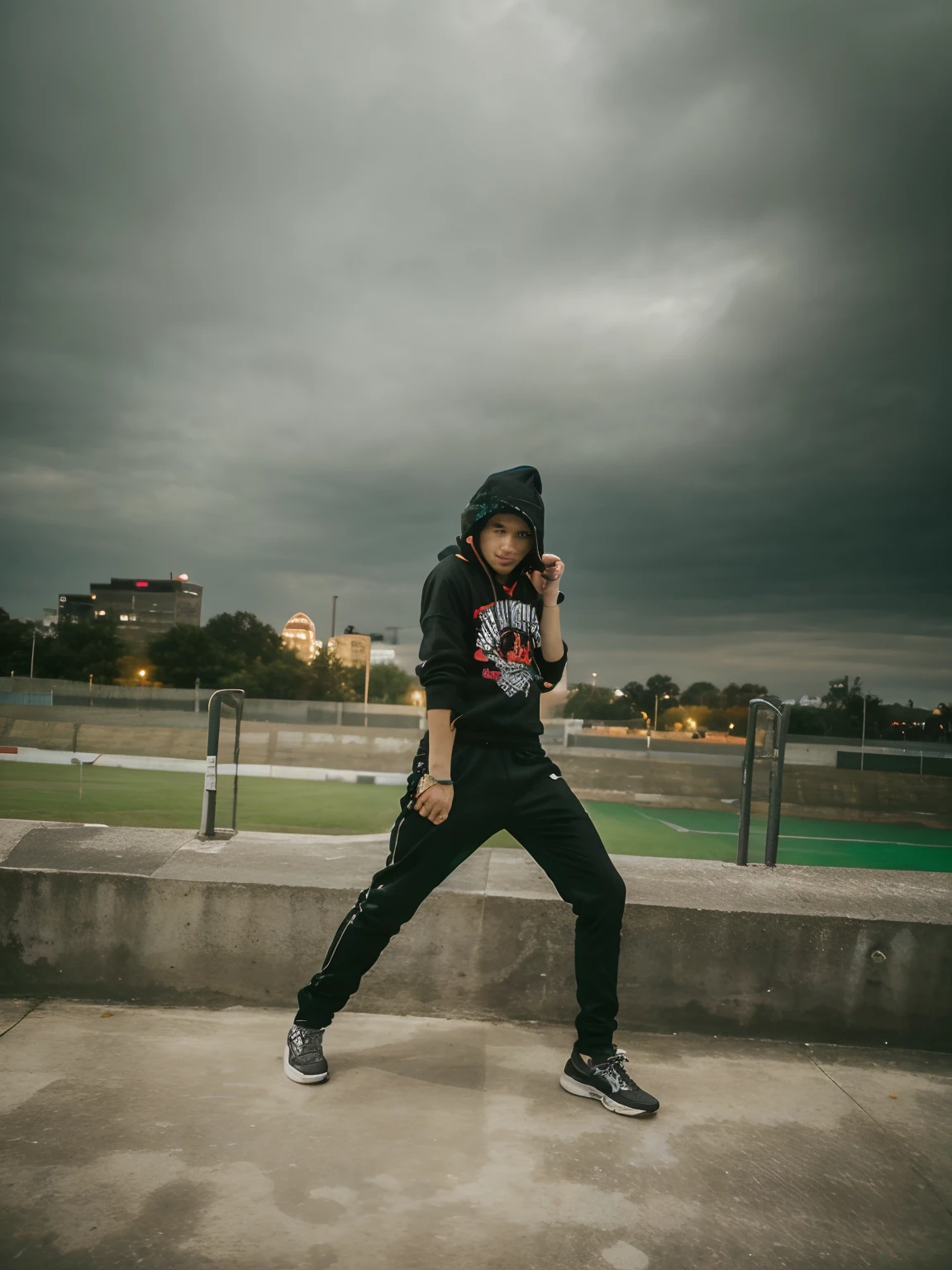 there is a young boy that is standing on a concrete ledge in a stadium, his age is 1 6 , his height must be 5 foot 5 inches, behind him is city view, with a cool pose, very cool pose, very artistic pose, cool pose, badass pose, shooting pose, in an action pose, really cool pose, in a fighting stance, intimidating pose, in the style of sifu 🔥 😎 🕹️ 👀 :2, in a menacing pose, he is wearing hoodie over head