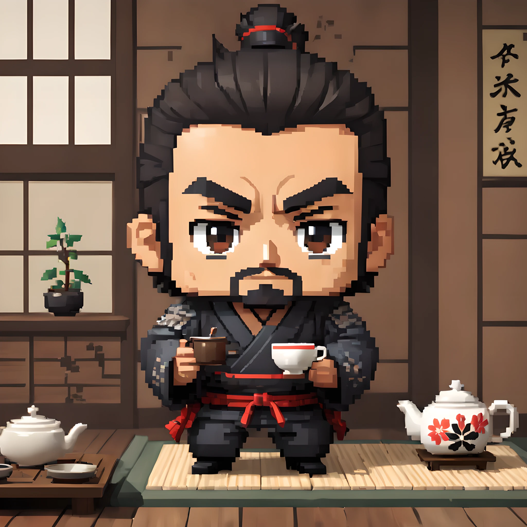 (Pixel art:1.5), (pixel theme:1.5), (chibi emote:1.5), (chibi character:1.5),(fantasy:1.5), (1japanse samurai:1.5), (Toshiro Mifune:1.5), (tea:1.5), (tea ceremony:1.5), (tearoom:1.5),