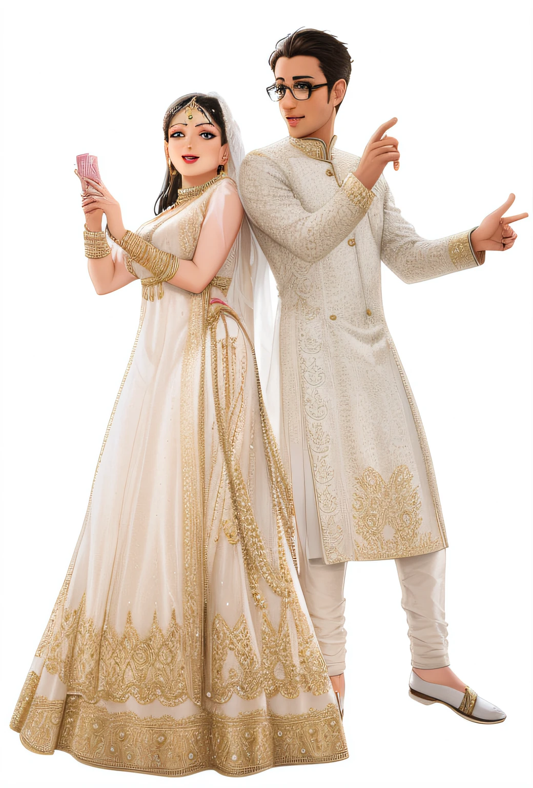 bride and groom in traditional indian attire posing for a picture, movie promotional image, promo image, full body in shot, ad image, without background, traditional clothing, bollywood, promotional image, full image, promotional picture, traditional clothes, white bg, background, 'white background'!!!, happy couple, transparent background, backdrop, lovely couple, trending ，, promotional images